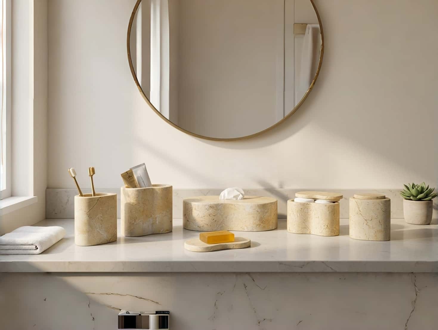 Amber Gold Wave natural marble 6-piece accessory collection elevating a serene warm minimalist bathroom vanity setup.