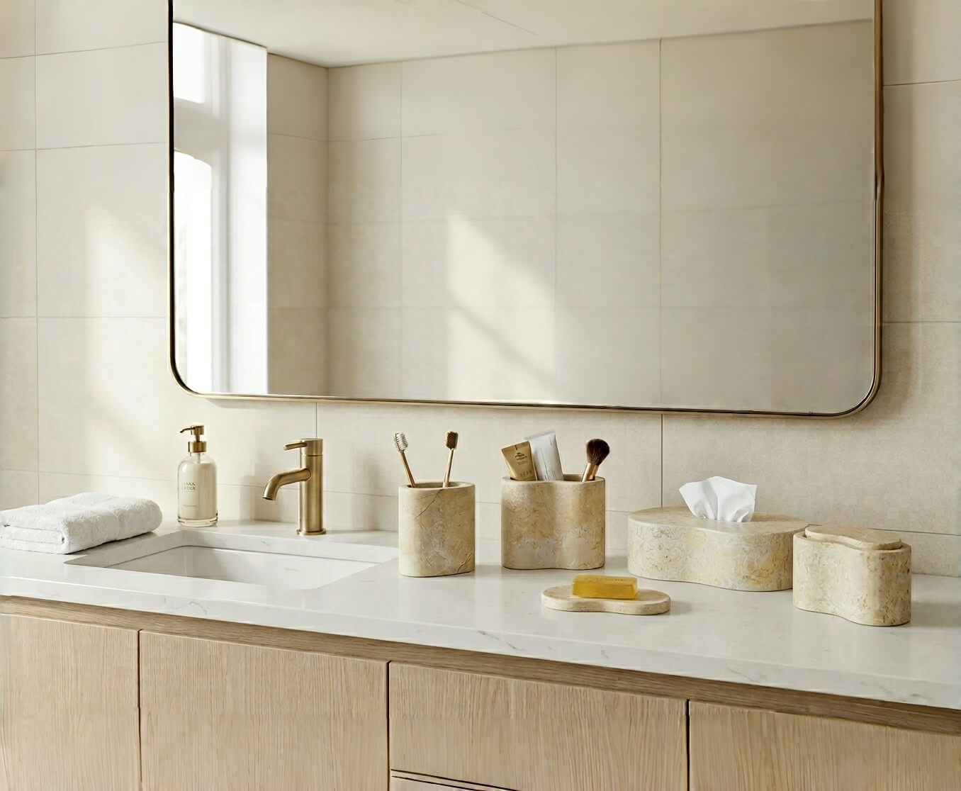 Amber Gold Wave natural marble 6-piece vanity organizer set resting on a minimalist light wood bathroom cabinet top.
