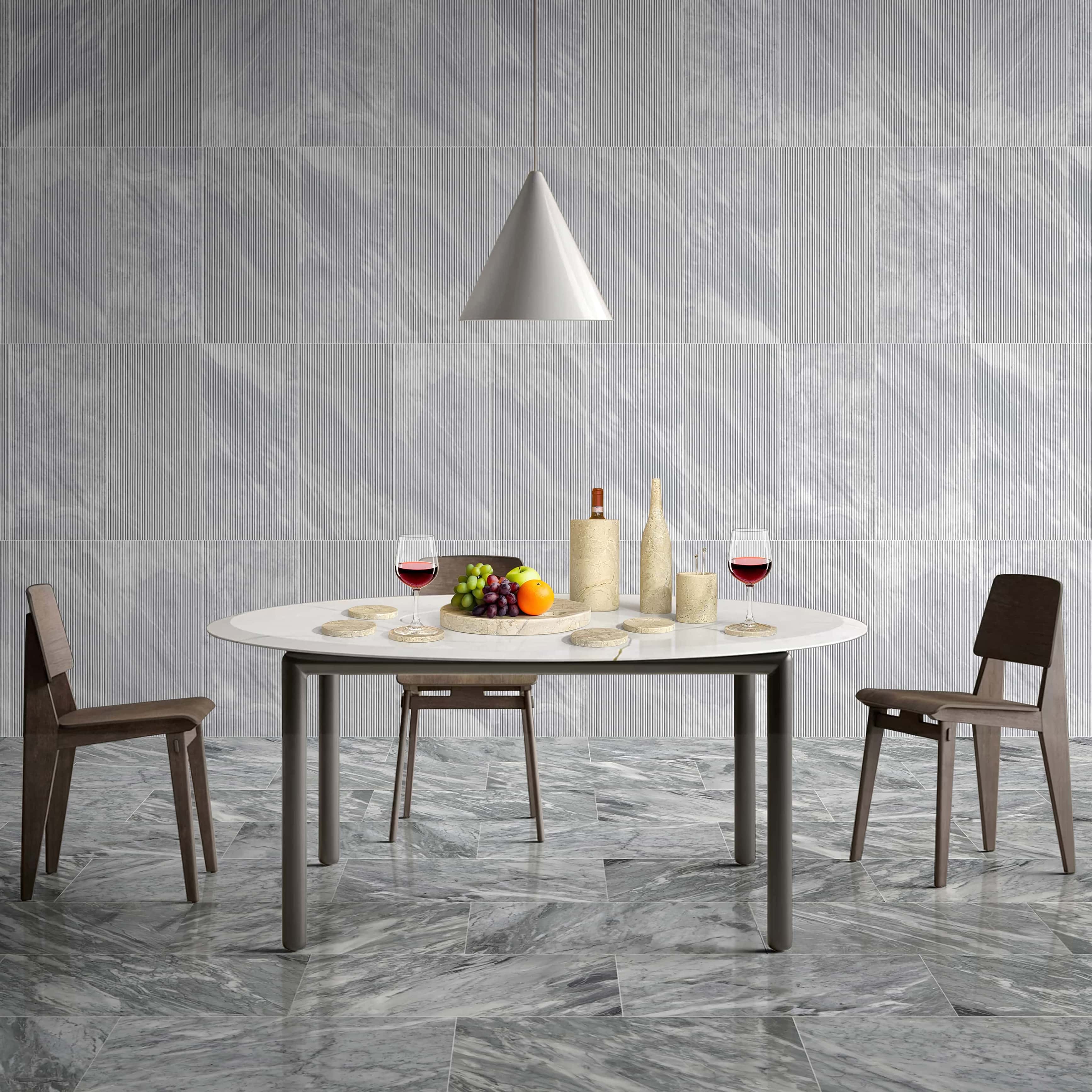 Amber Gold natural marble 10-piece dining set on an oval table paired with Carrara Gray polished floor and wall tiles.