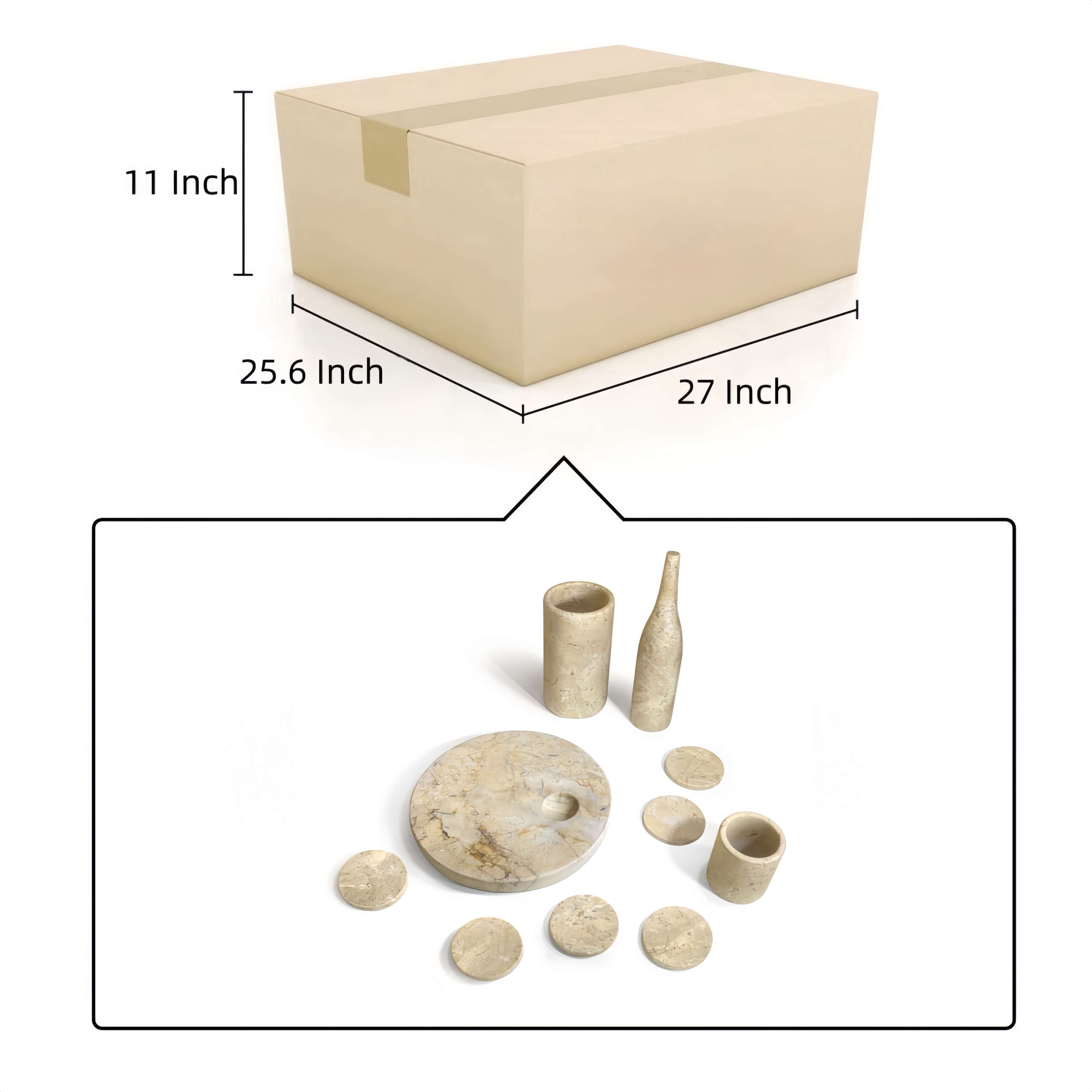 Outer shipping box dimensional diagram measuring 27 by 25.6 by 11 inches high for Amber Gold natural marble set.