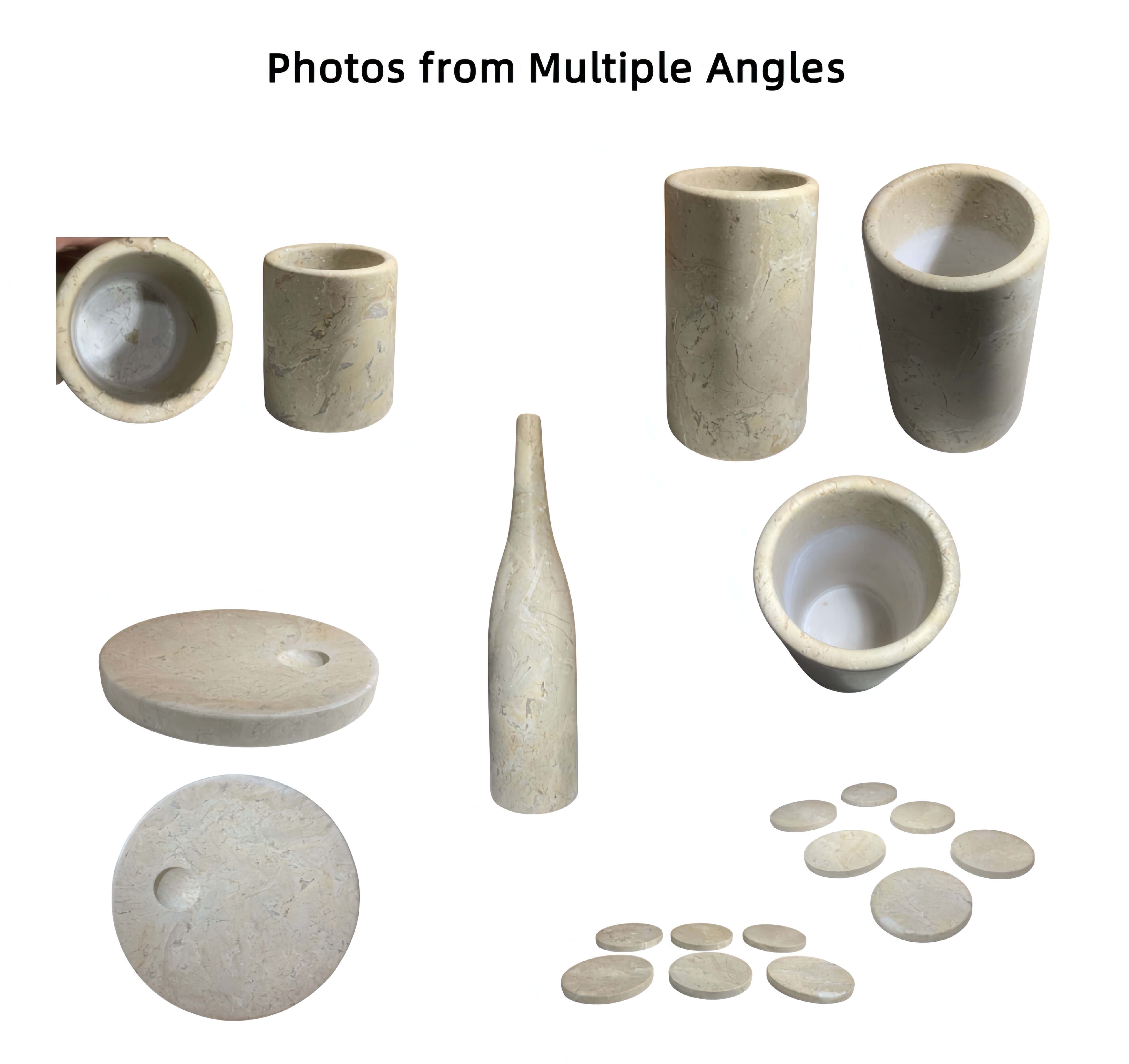 Multi-angle detail photo matrix displaying raw unpolished interior bases of Amber Gold natural marble hollowed vessels.