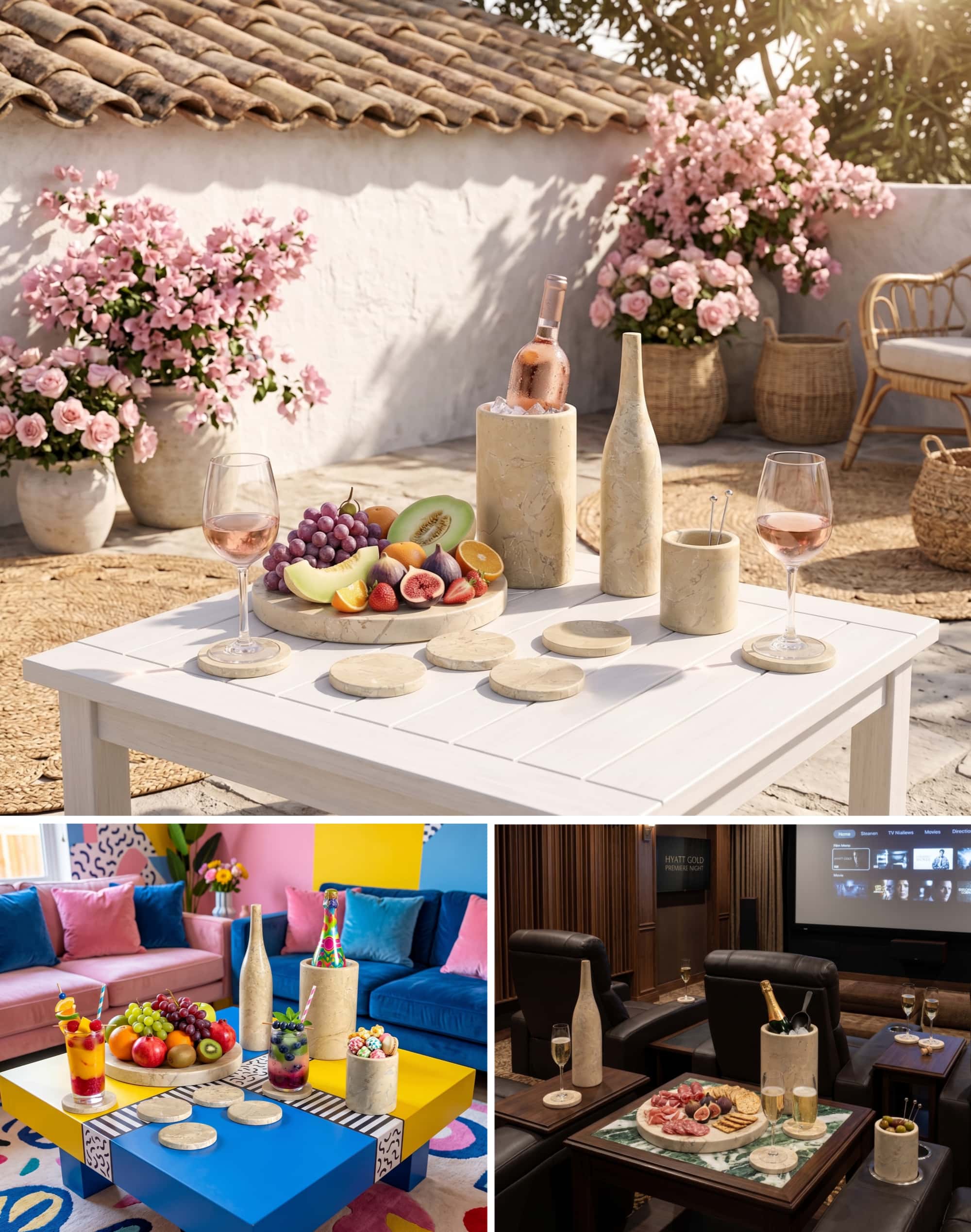 Three-panel collage displaying the 10-piece Amber Gold natural marble set across outdoor patio, pop art, and theater settings.
