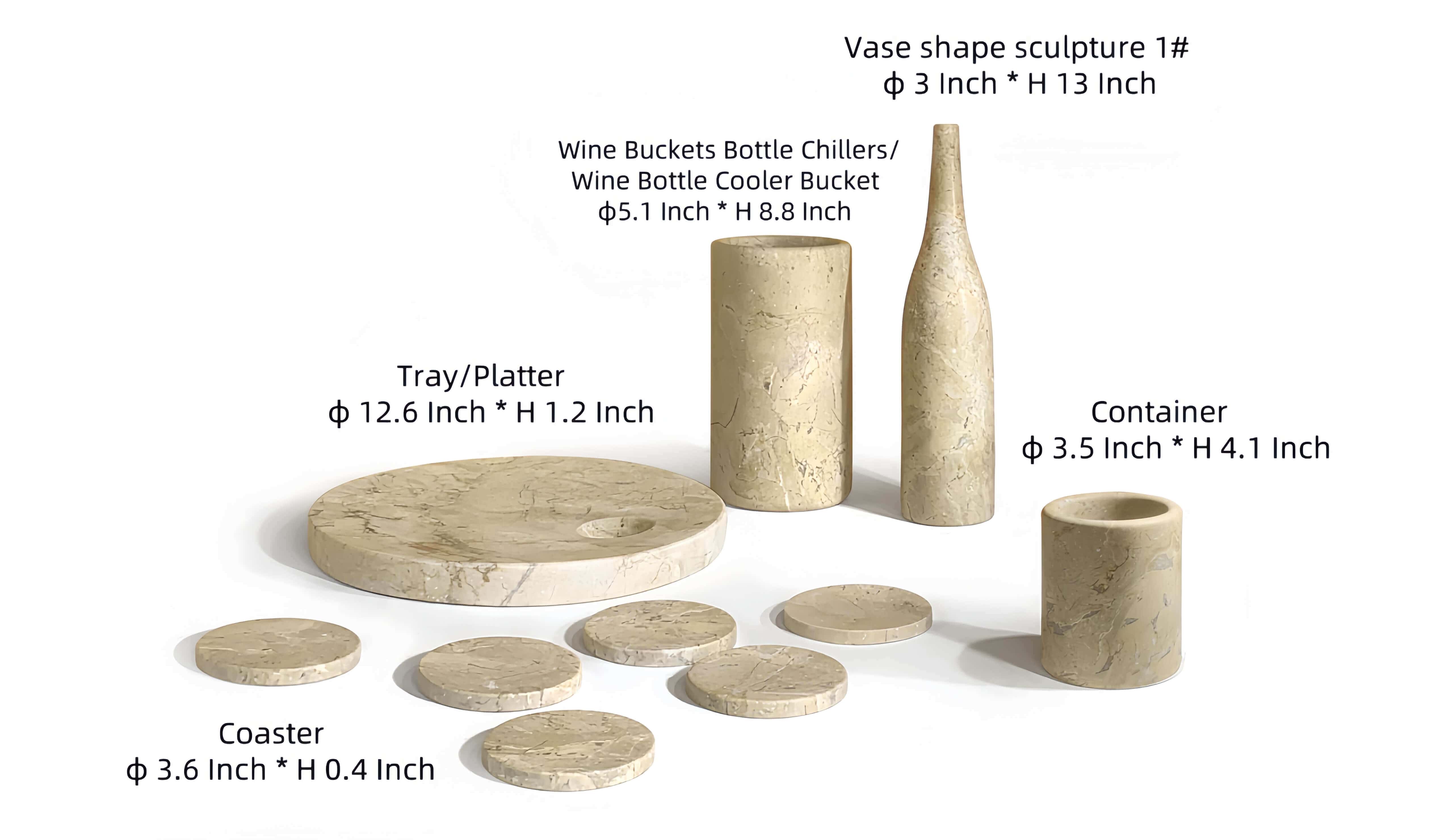 Dimension chart with exact measurements for Amber Gold natural marble platter, bottle chiller, vase, container, and coasters.