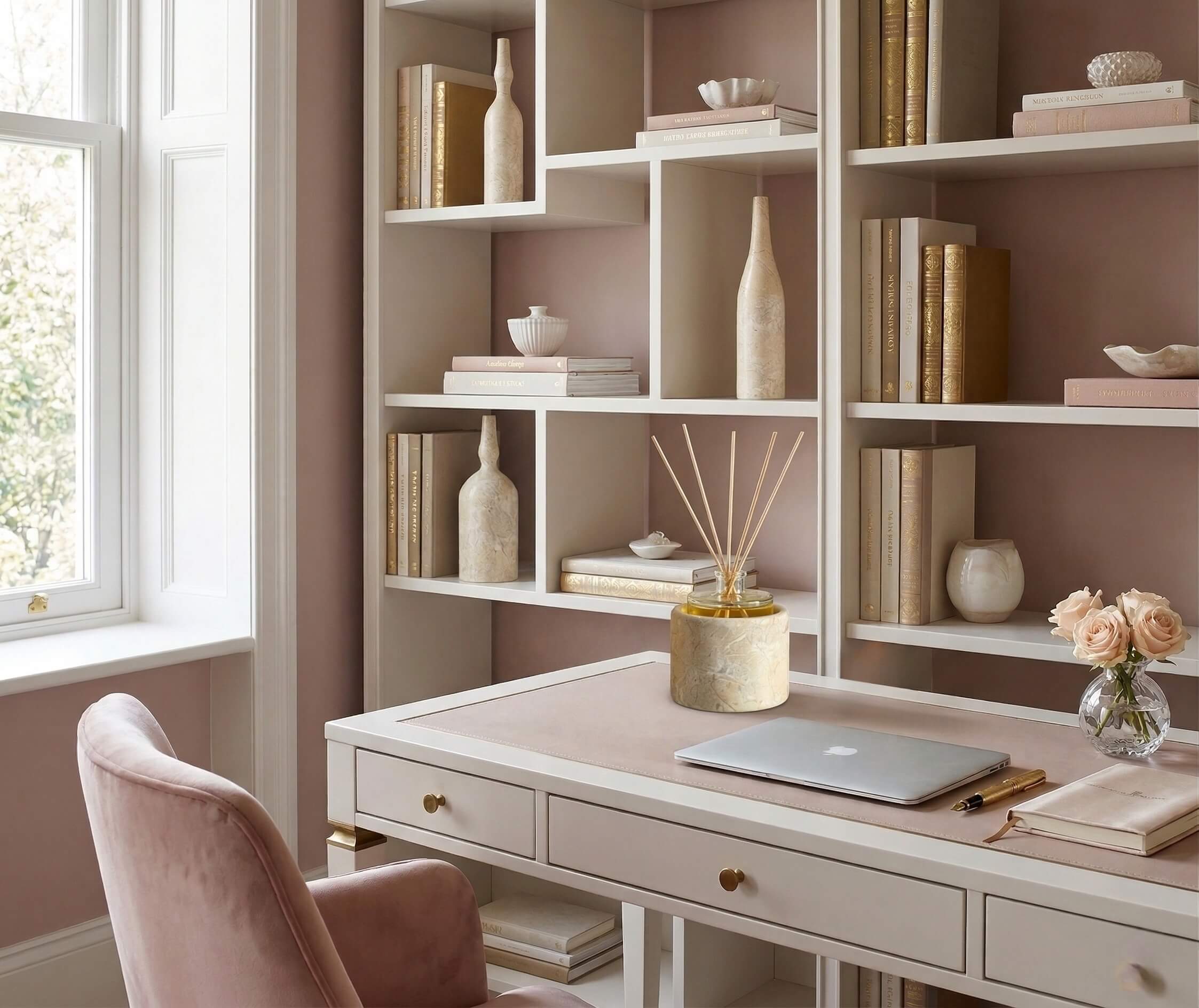 Four pieces of Amber Gold marble set styled across an executive desk and built-in white bookshelves in a home study.