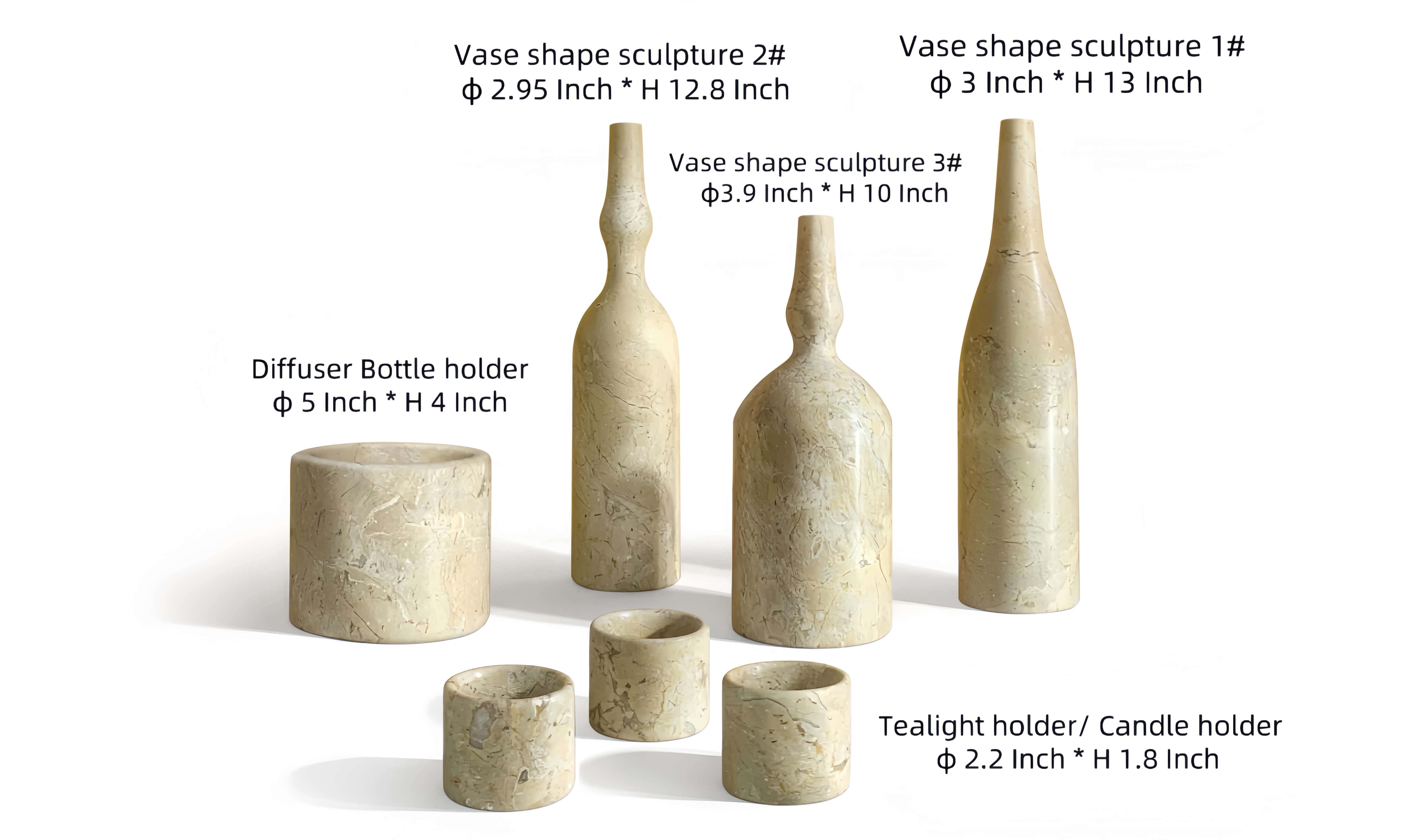 Dimension graphic of Amber Gold marble seven-piece set detailing height and diameter measurements for vases and holders.