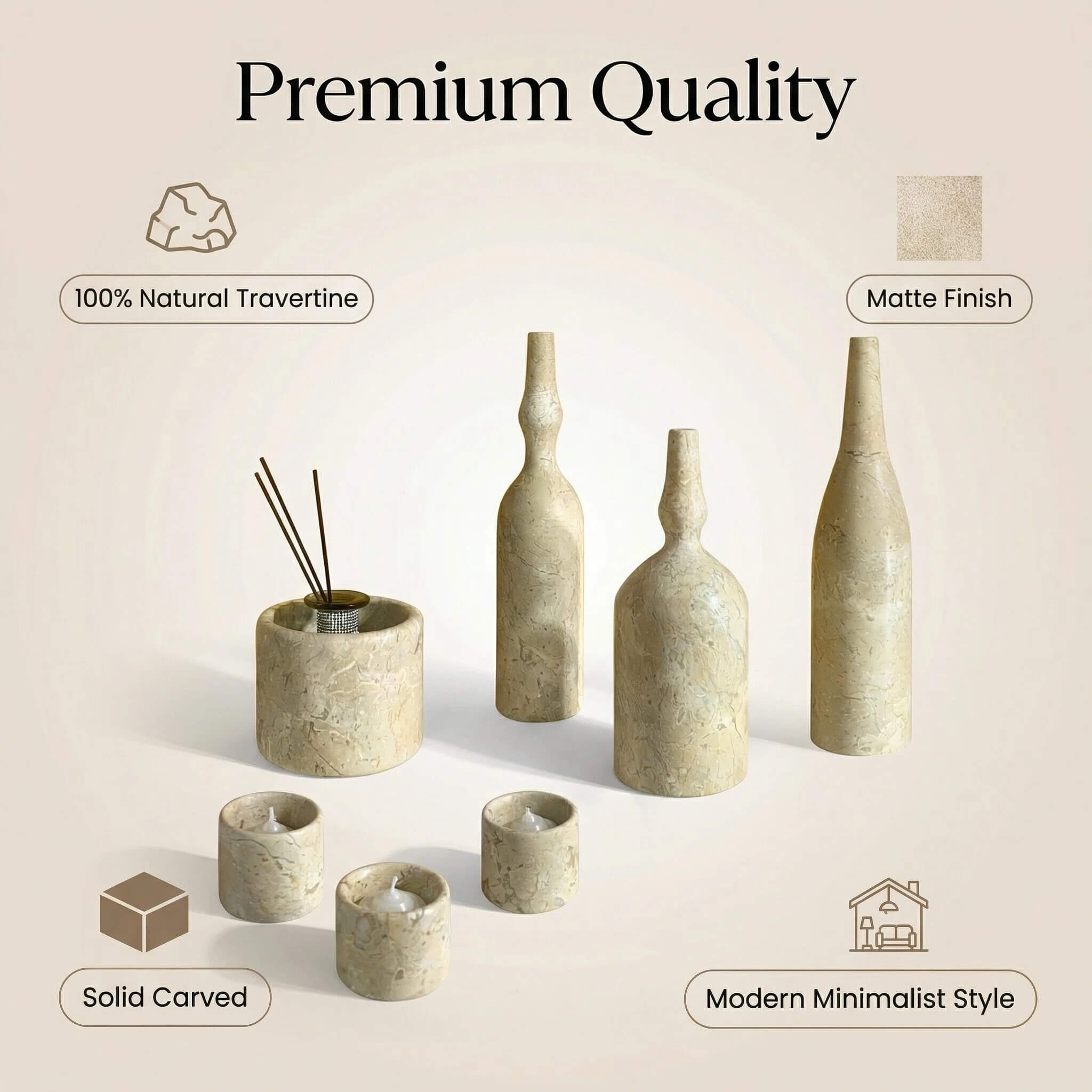 Feature infographic showing seven-piece Amber Gold marble decor set crafted from solid carved stone with matte finish.