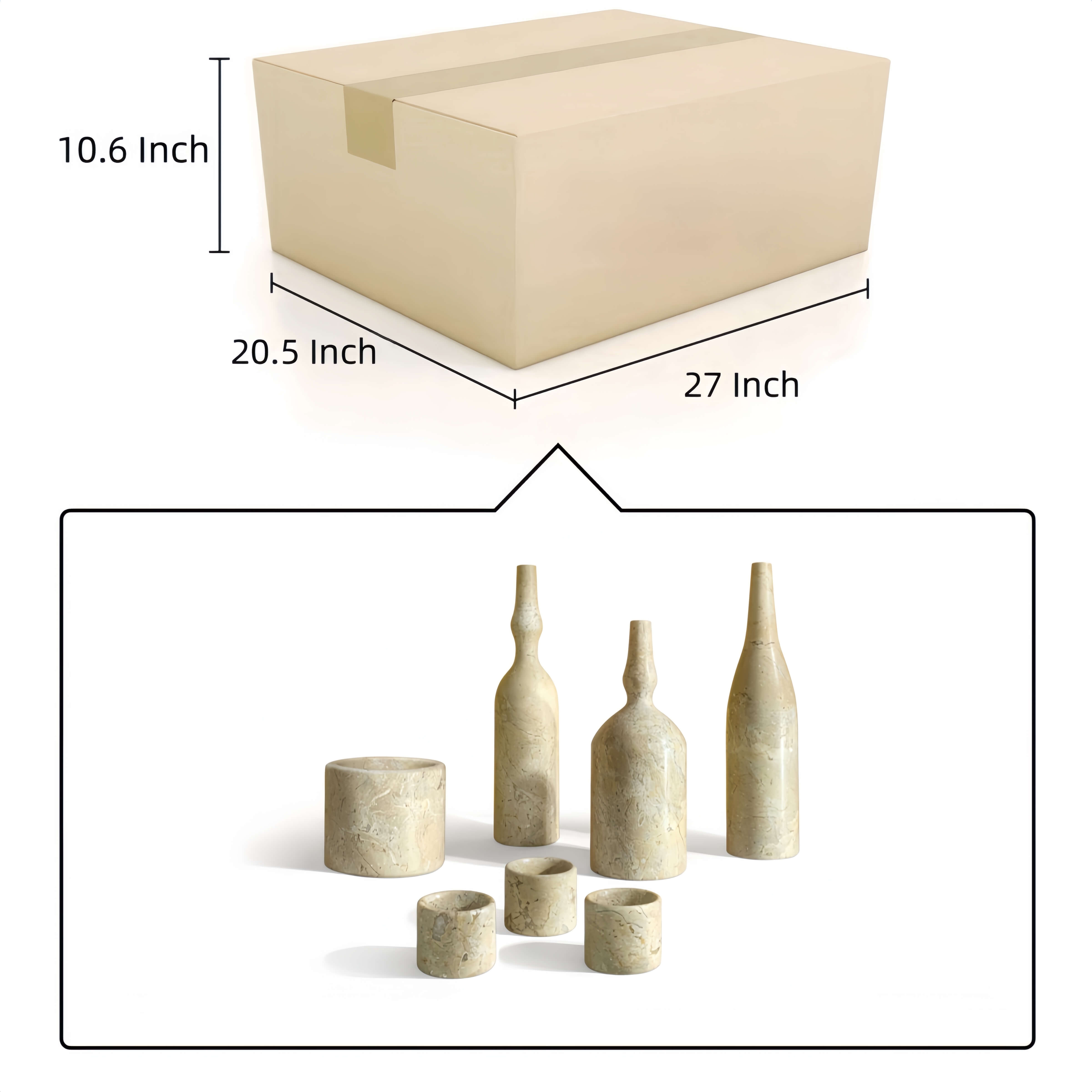 Packaging diagram specifying 27 by 20.5 by 10.6 inch shipping carton dimensions for Amber Gold marble decor set.