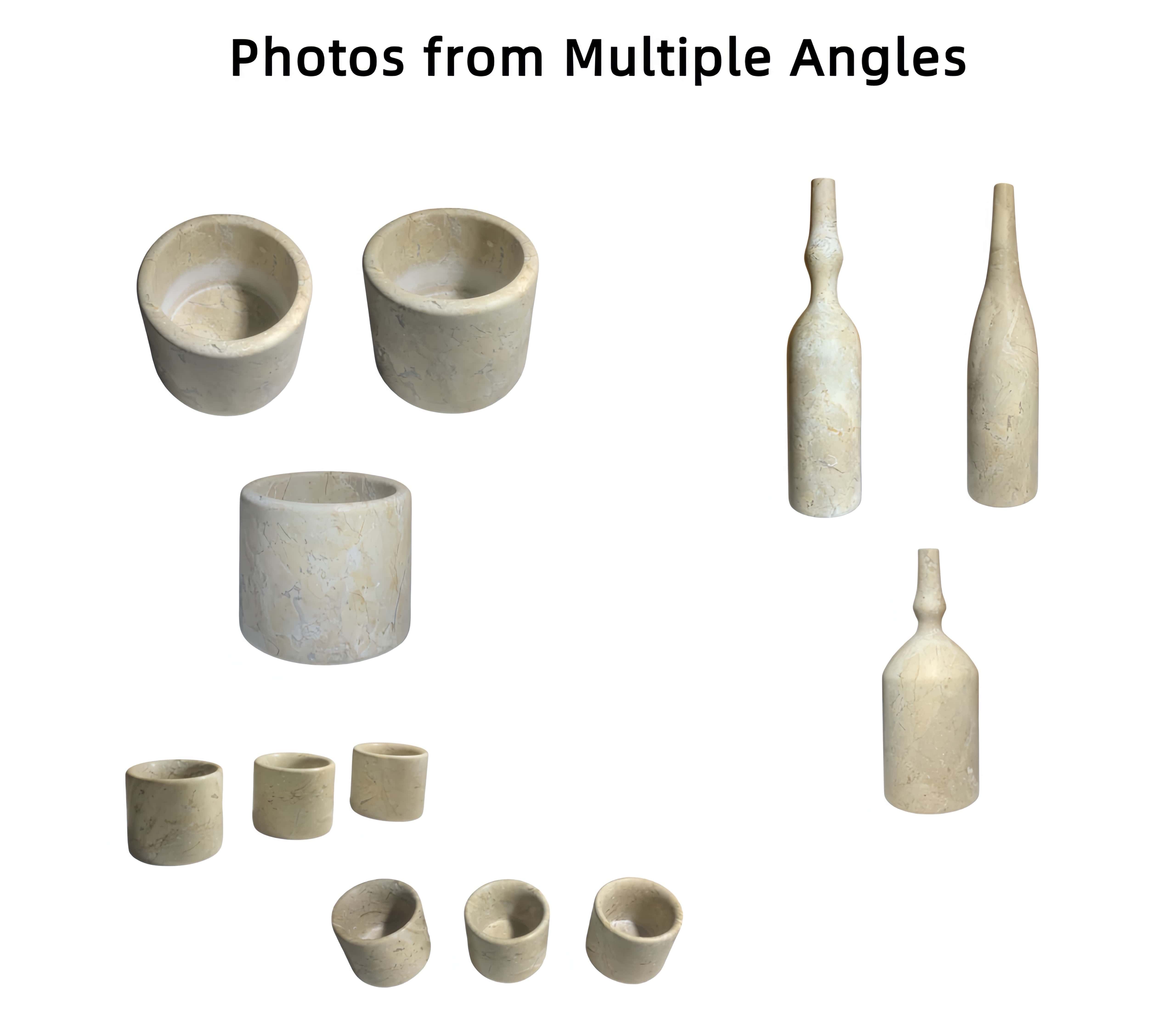 Multi-angle views of Amber Gold marble decor set highlighting top profiles and raw natural unpolished interior cavities.