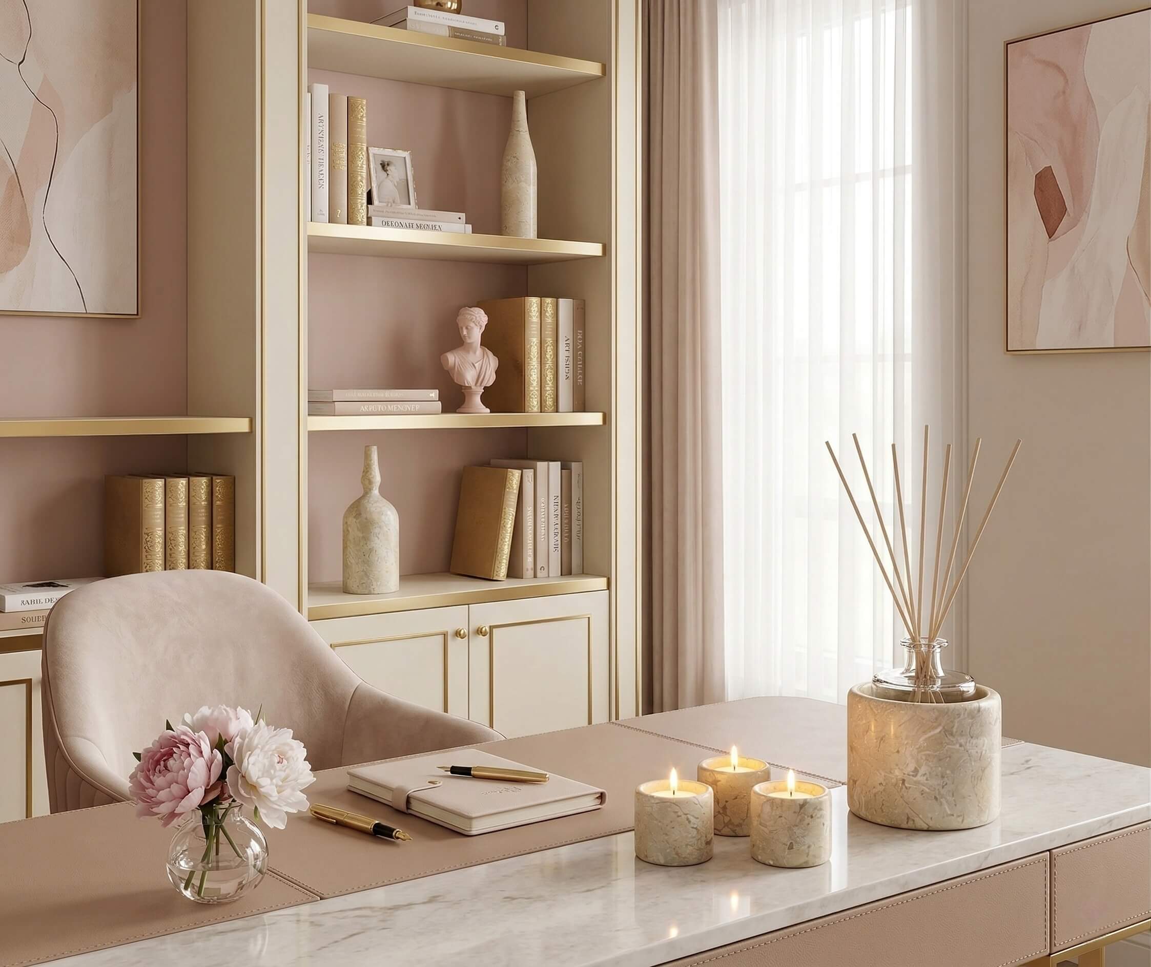 Amber Gold marble diffuser base and three tealight holders on a desk with matching carved vases on gold shelving.