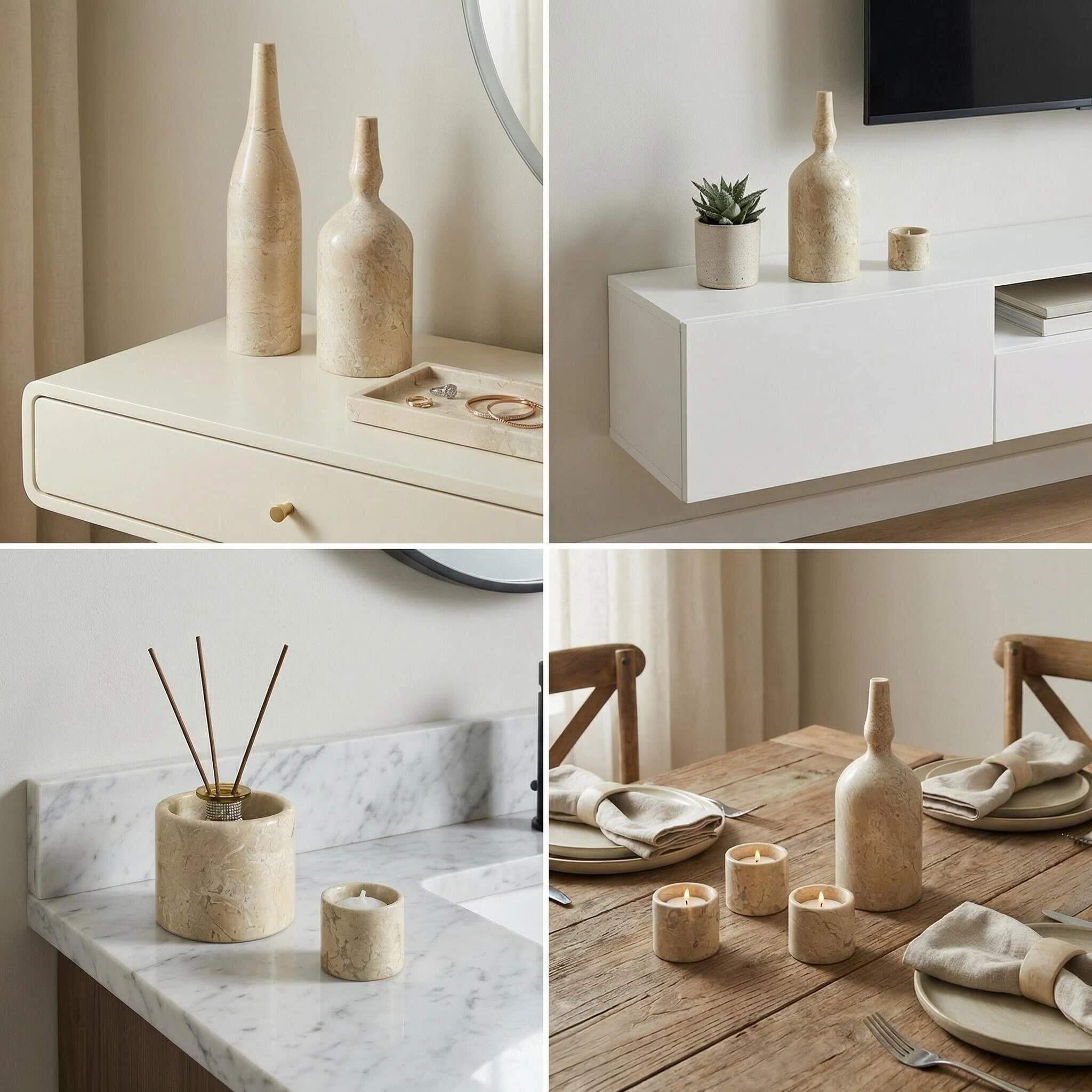 Four-panel collage showcasing Amber Gold marble set pieces styled across dining, bathroom, vanity, and living areas.