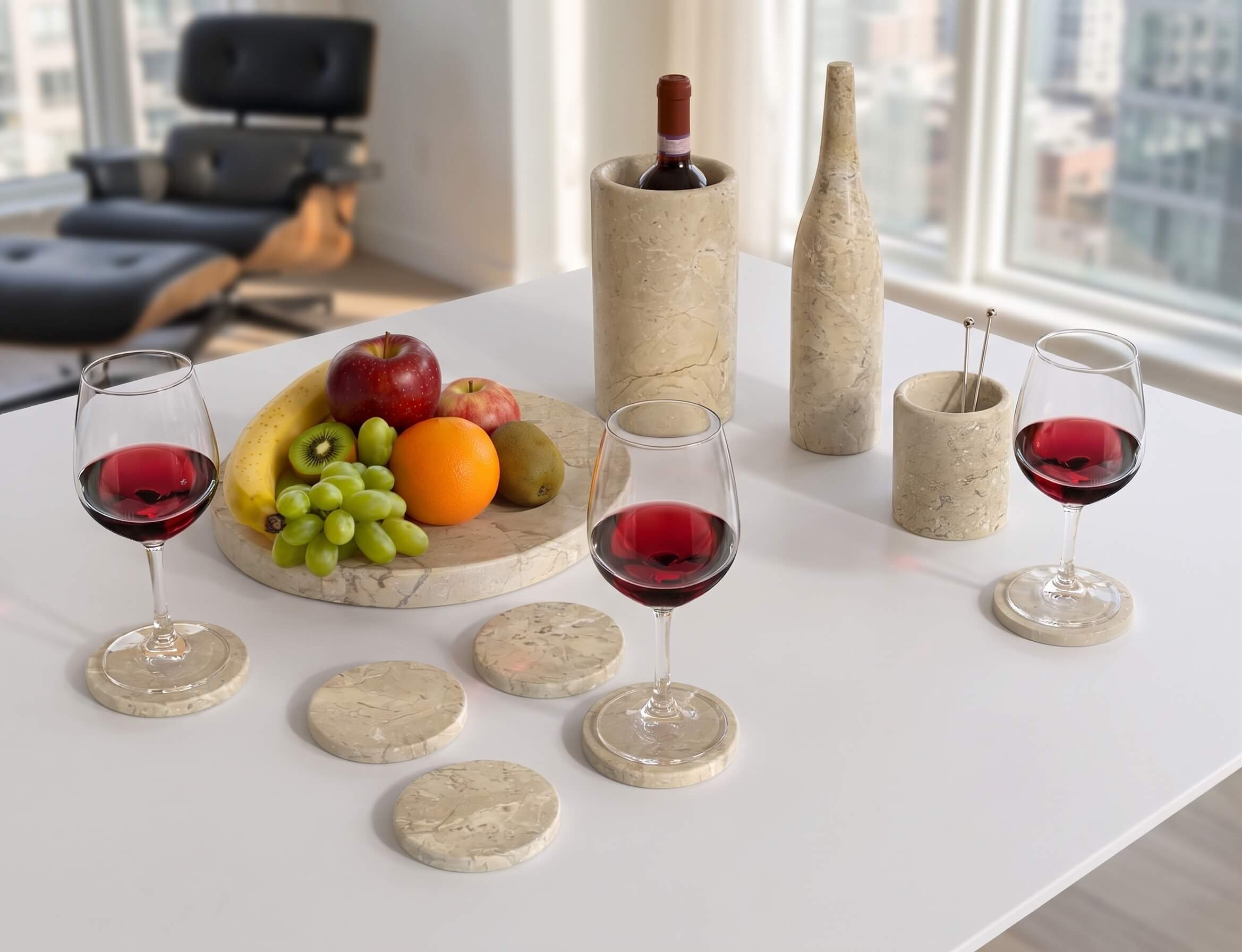Amber Gold natural marble 10-piece dining set displayed on a white table in a bright modern high-rise apartment.