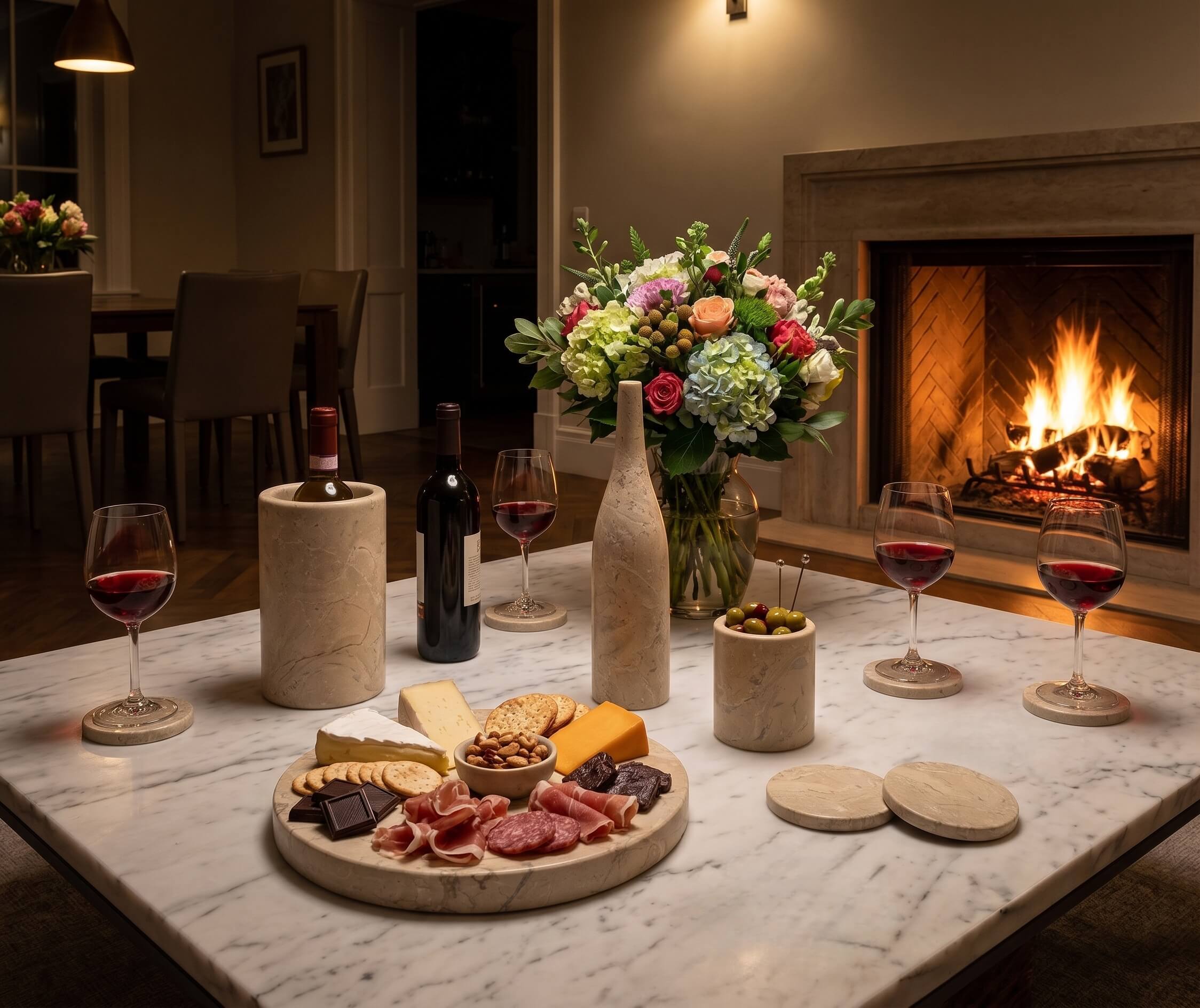 Honed Amber Gold natural marble tabletop set styled with charcuterie and wine on a marble table by a cozy fireplace.
