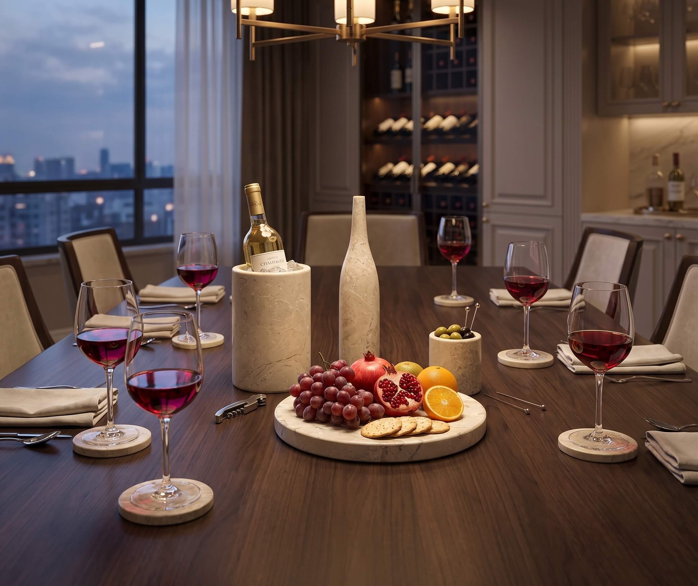 Honed Amber Gold natural marble 10-piece set displayed on a dark wood table in a formal high-end dining room.