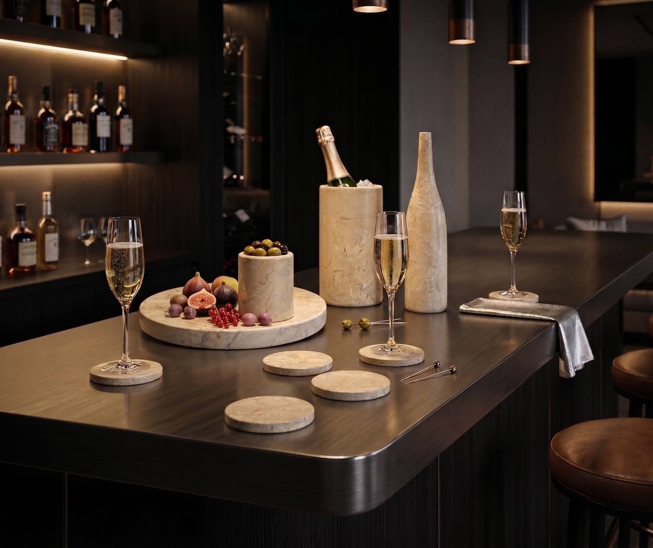 Honed Amber Gold natural marble 10-piece set featured on a dark luxury home bar counter with champagne and fruit.