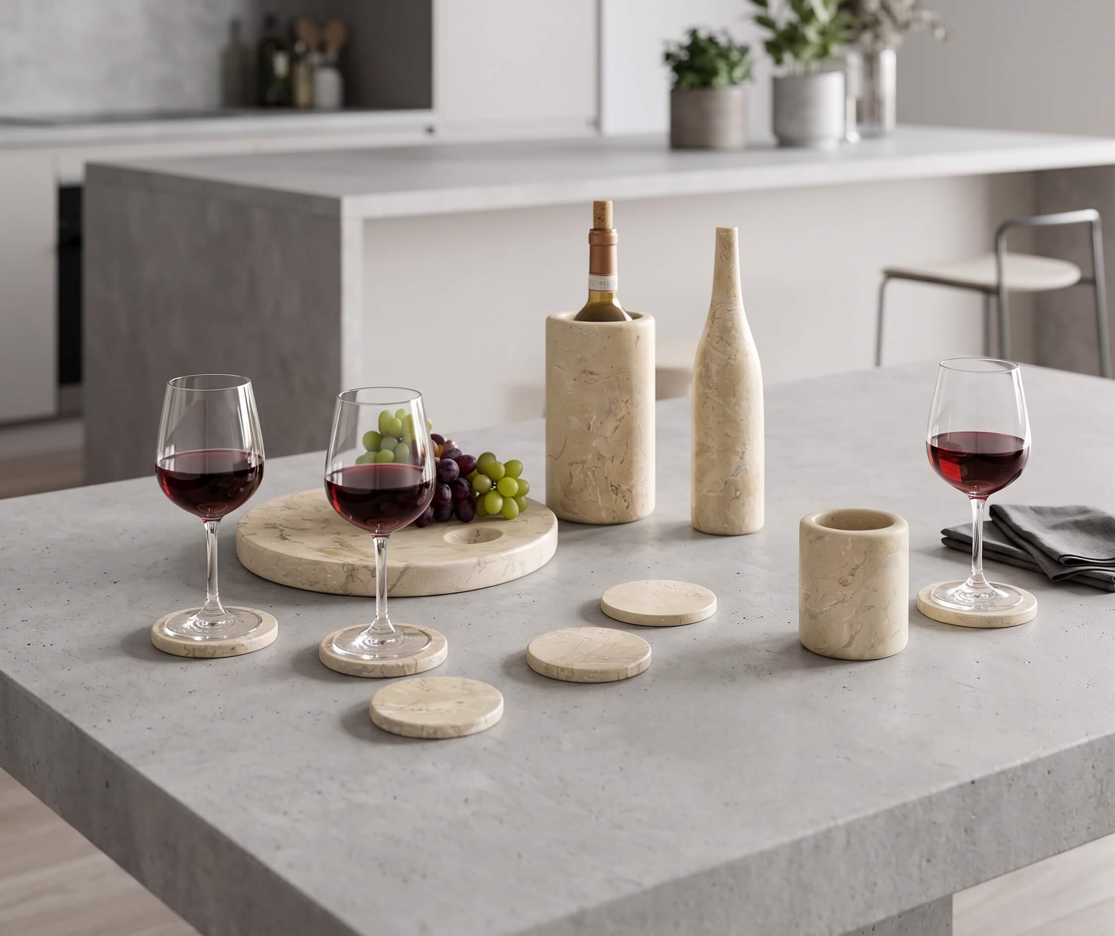 Amber Gold natural marble 10-piece dining set styled on a concrete kitchen island in a minimalist modern home.