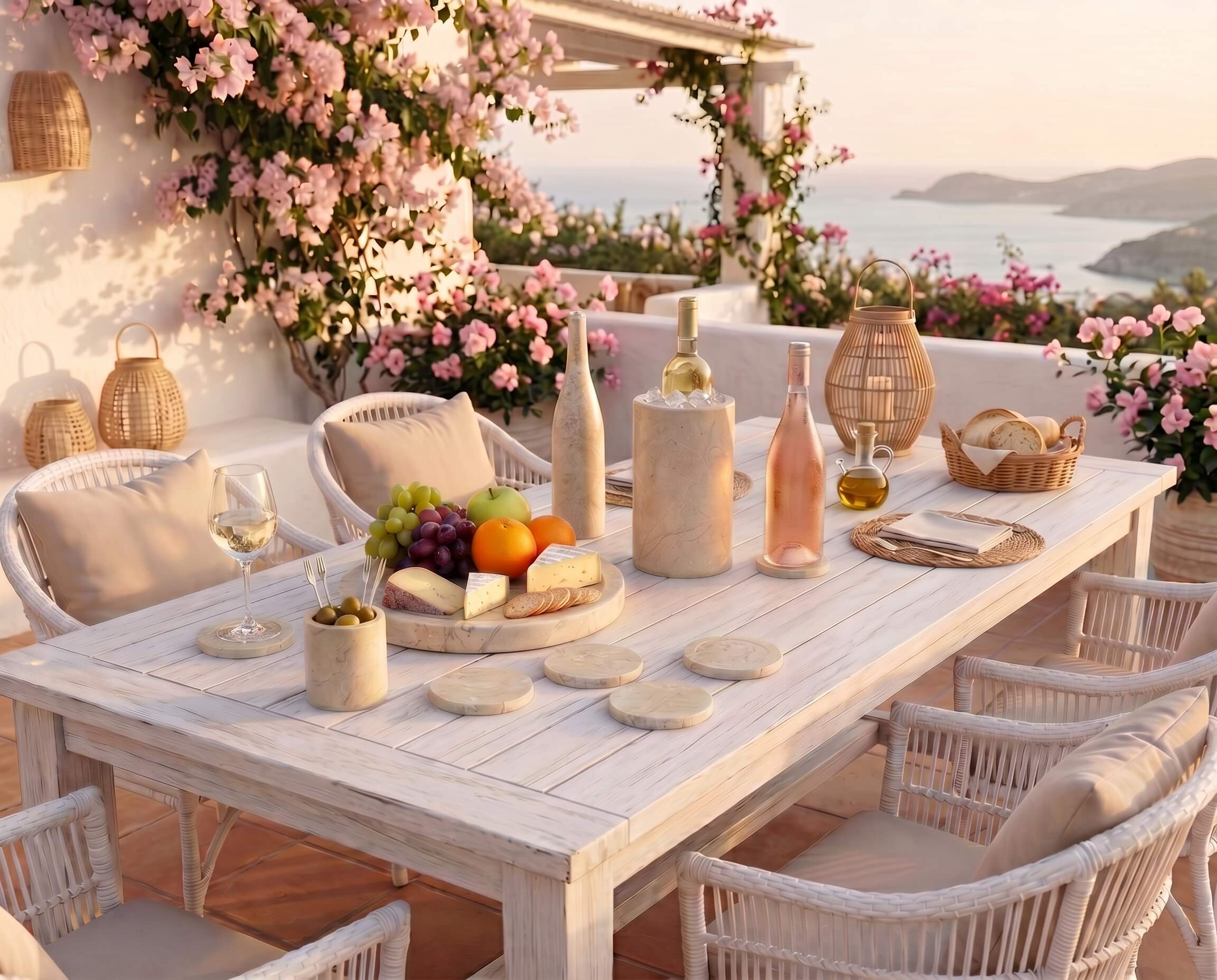 Amber Gold natural marble 10-piece set on a Mediterranean villa patio table surrounded by blooming bougainvillea.
