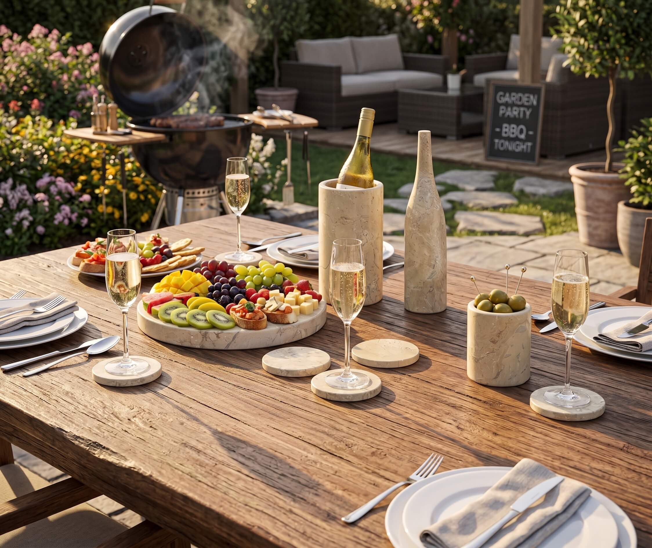 Honed Amber Gold natural marble 10-piece set styled on a rustic wood patio dining table with fresh charcuterie.