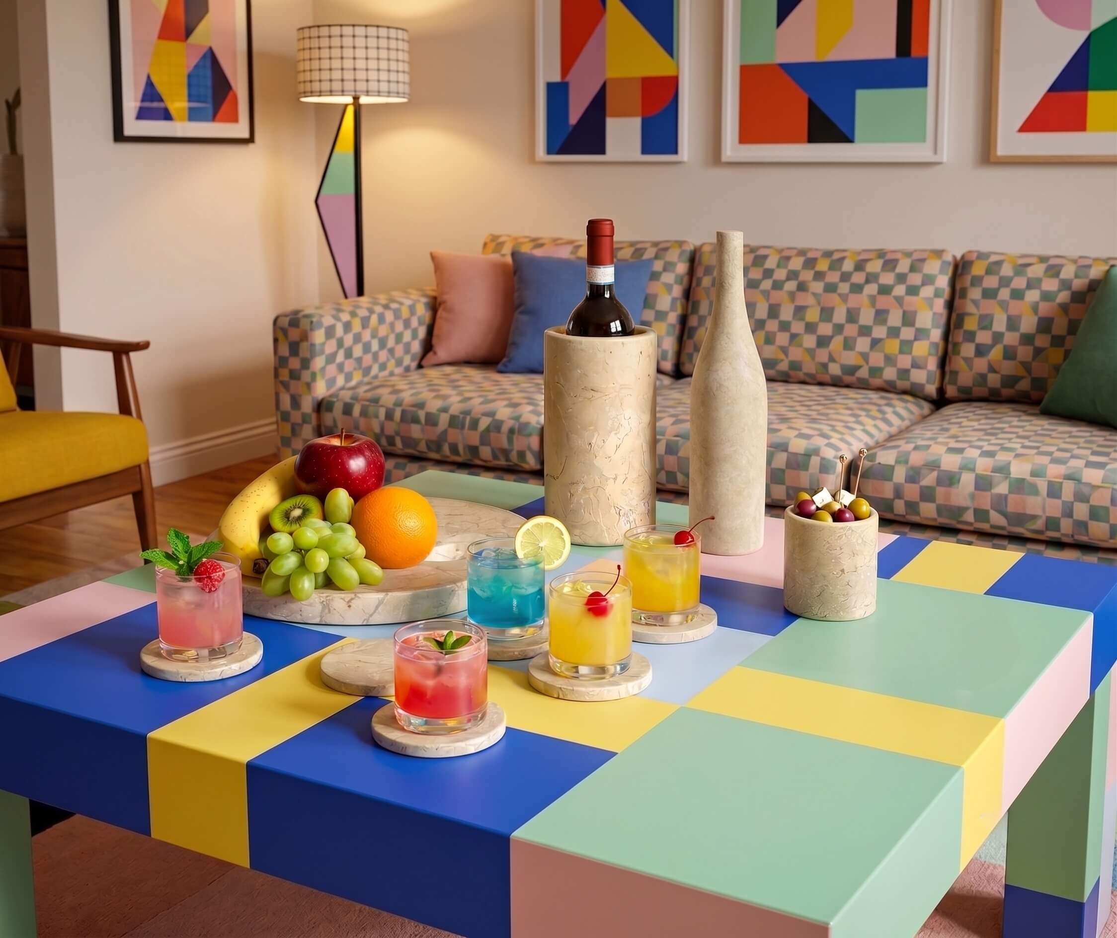 Amber Gold natural marble 10-piece set arranged on a colorful geometric table with vibrant cocktails in modern room.