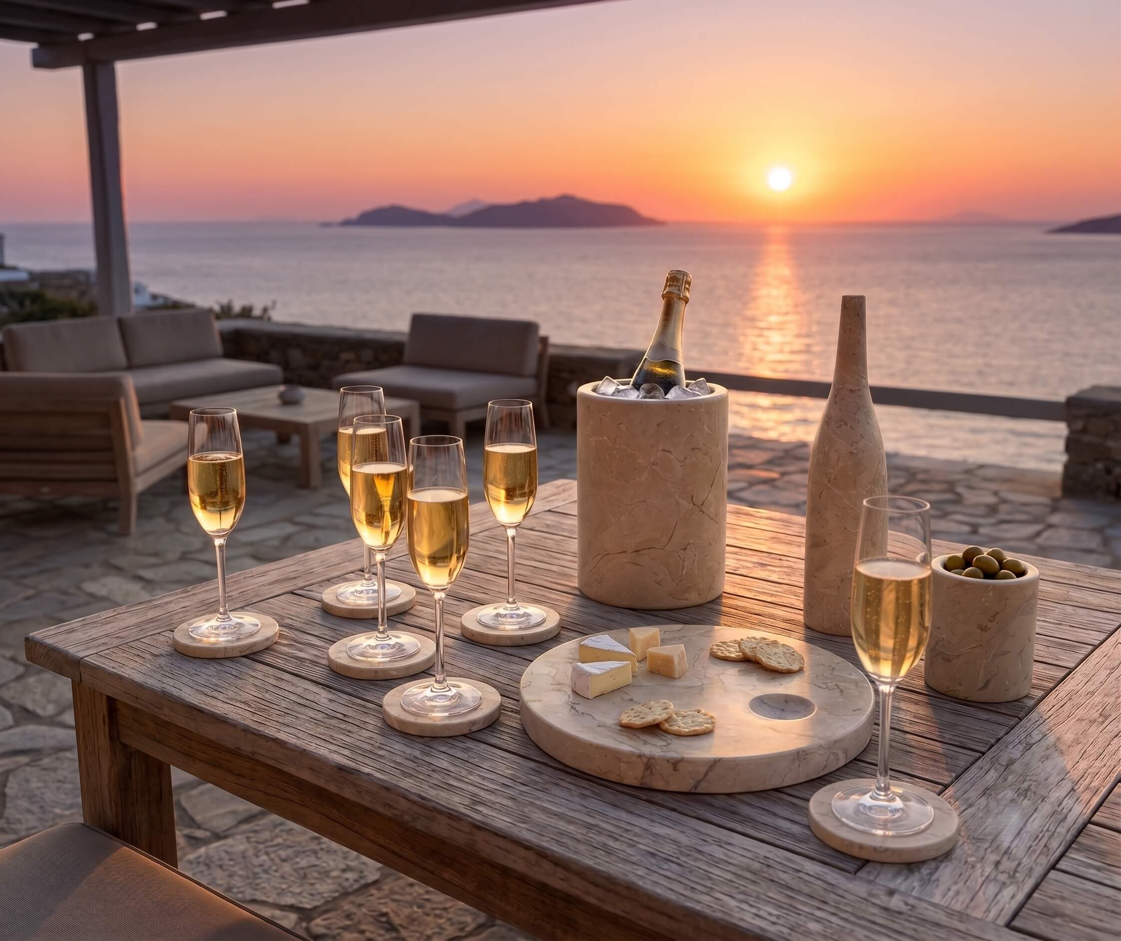 Amber Gold natural marble 10-piece dining set on a sunset oceanview terrace table with champagne and appetizers.