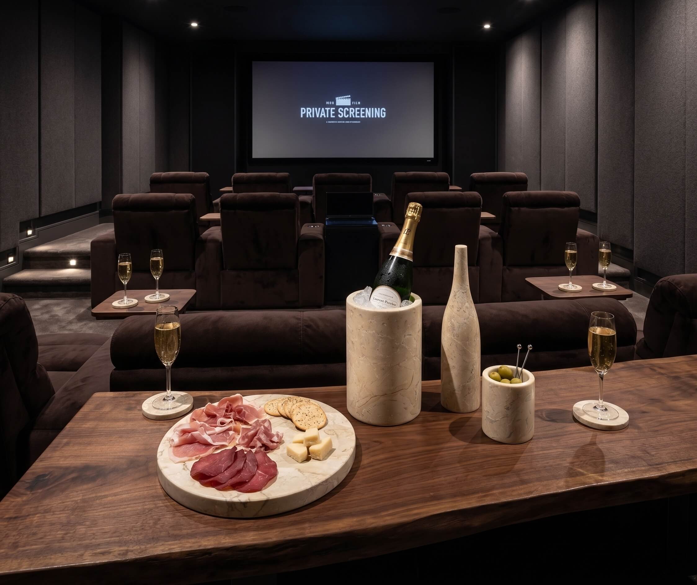 Amber Gold natural marble 10-piece accessories set arranged on a walnut console inside a private screening lounge.