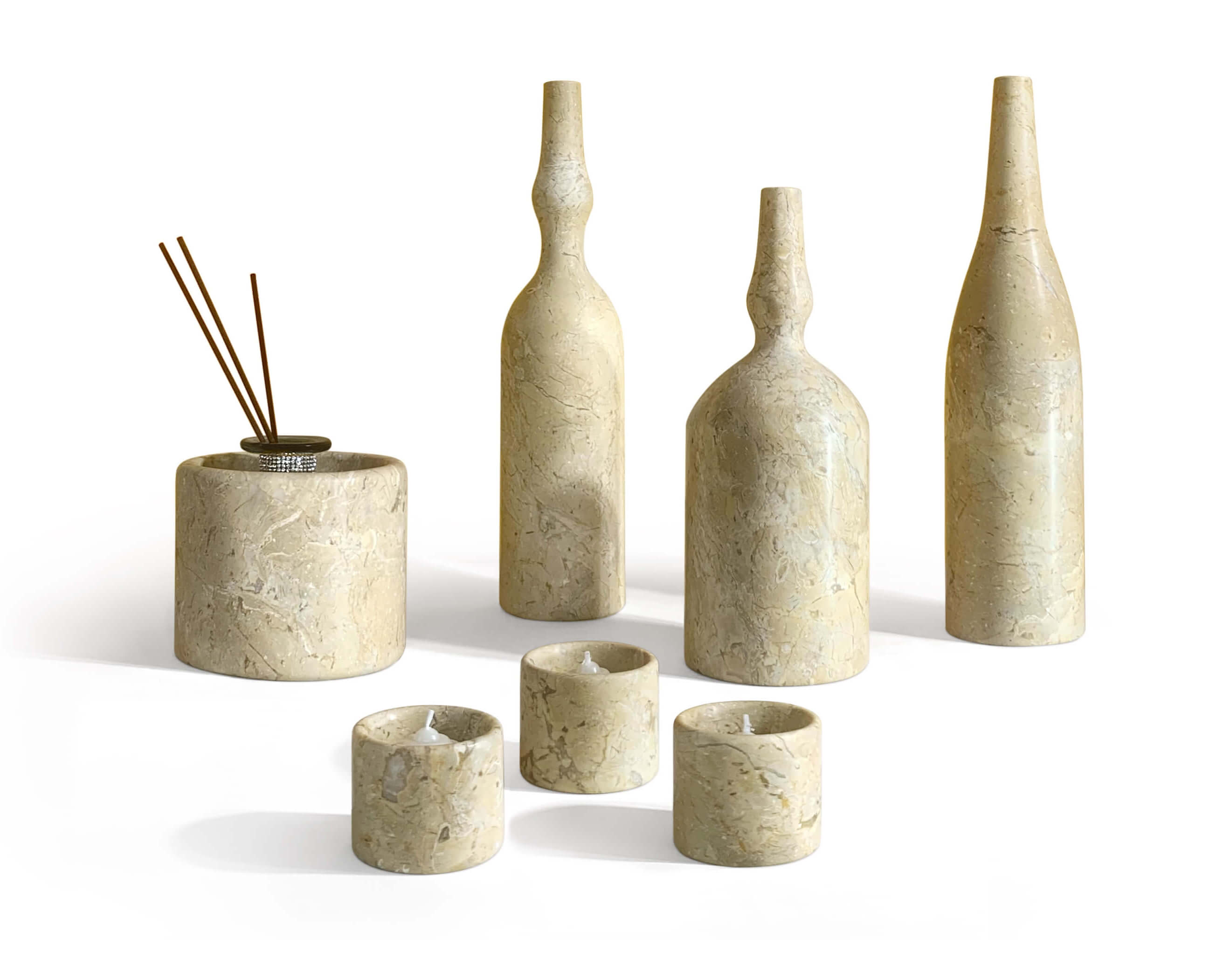 Amber Gold Natural Marble 7-Piece Home Decor Set | Honed Accent Sculptures & Candle Holders
