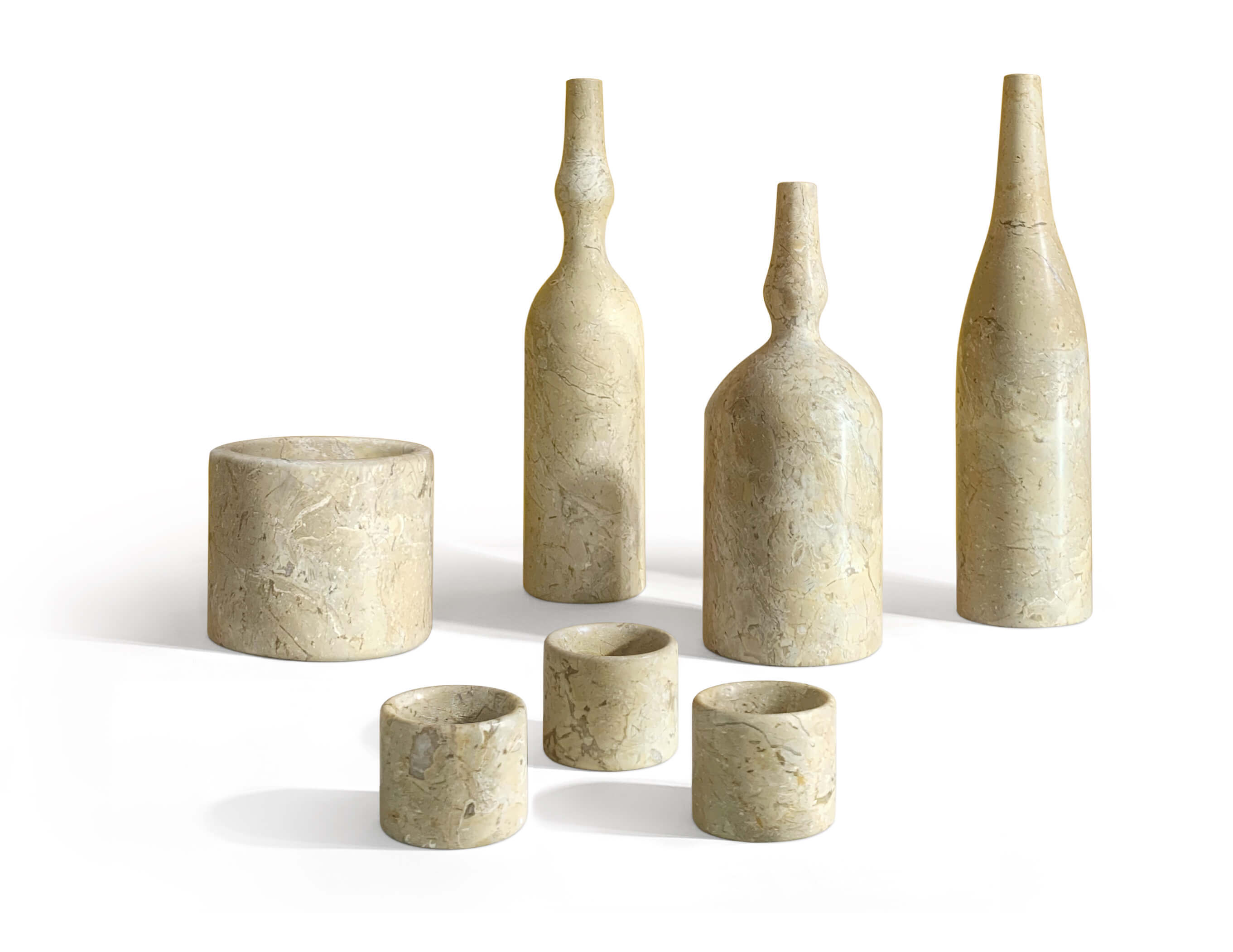 Front view of seven-piece Amber Gold natural marble accent decor set showcasing honed matte finish and gold veining.