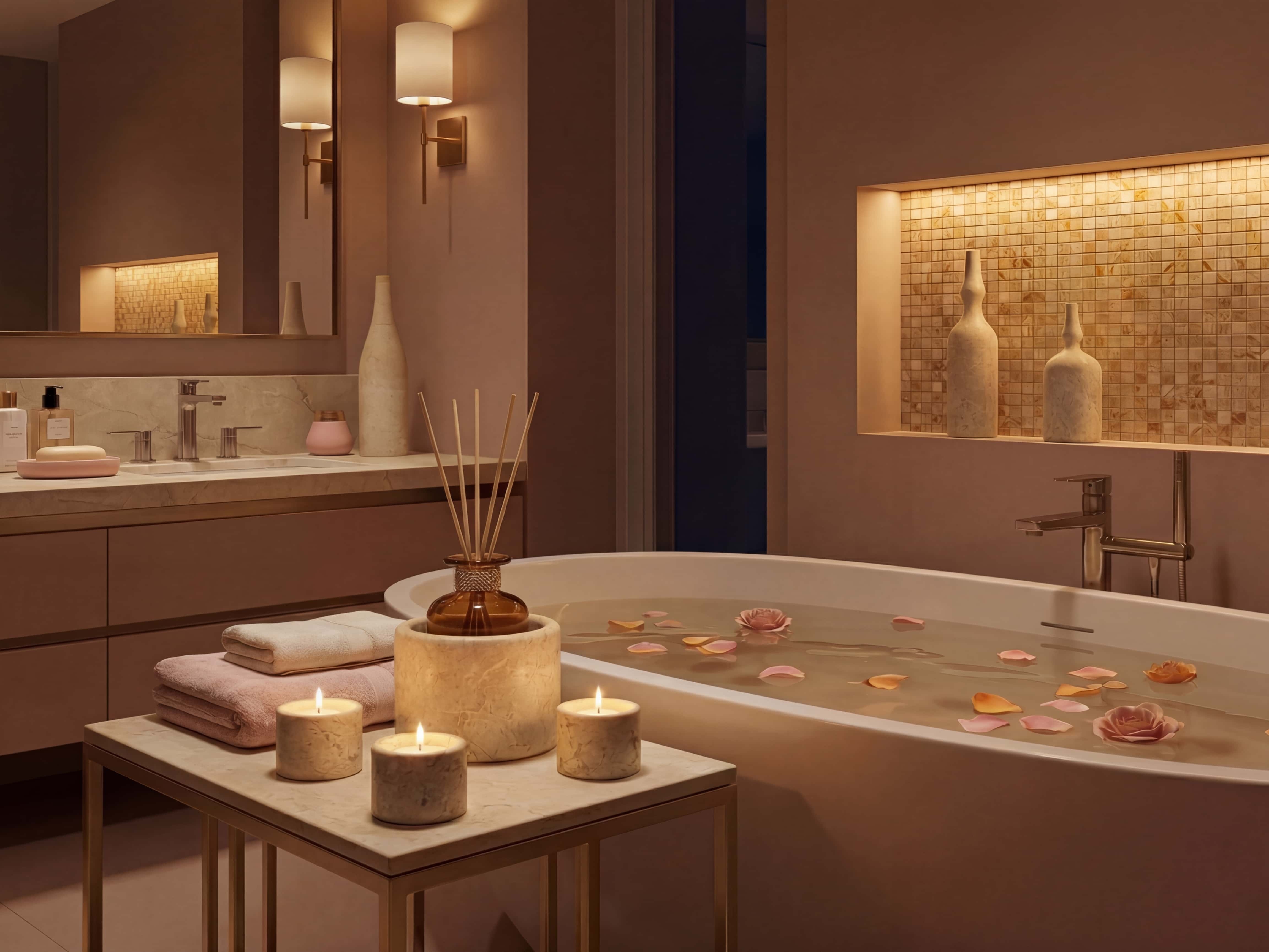Amber Gold marble decor set styled beside a luxury soaking tub with lit tealights and tall vases displayed in a niche.