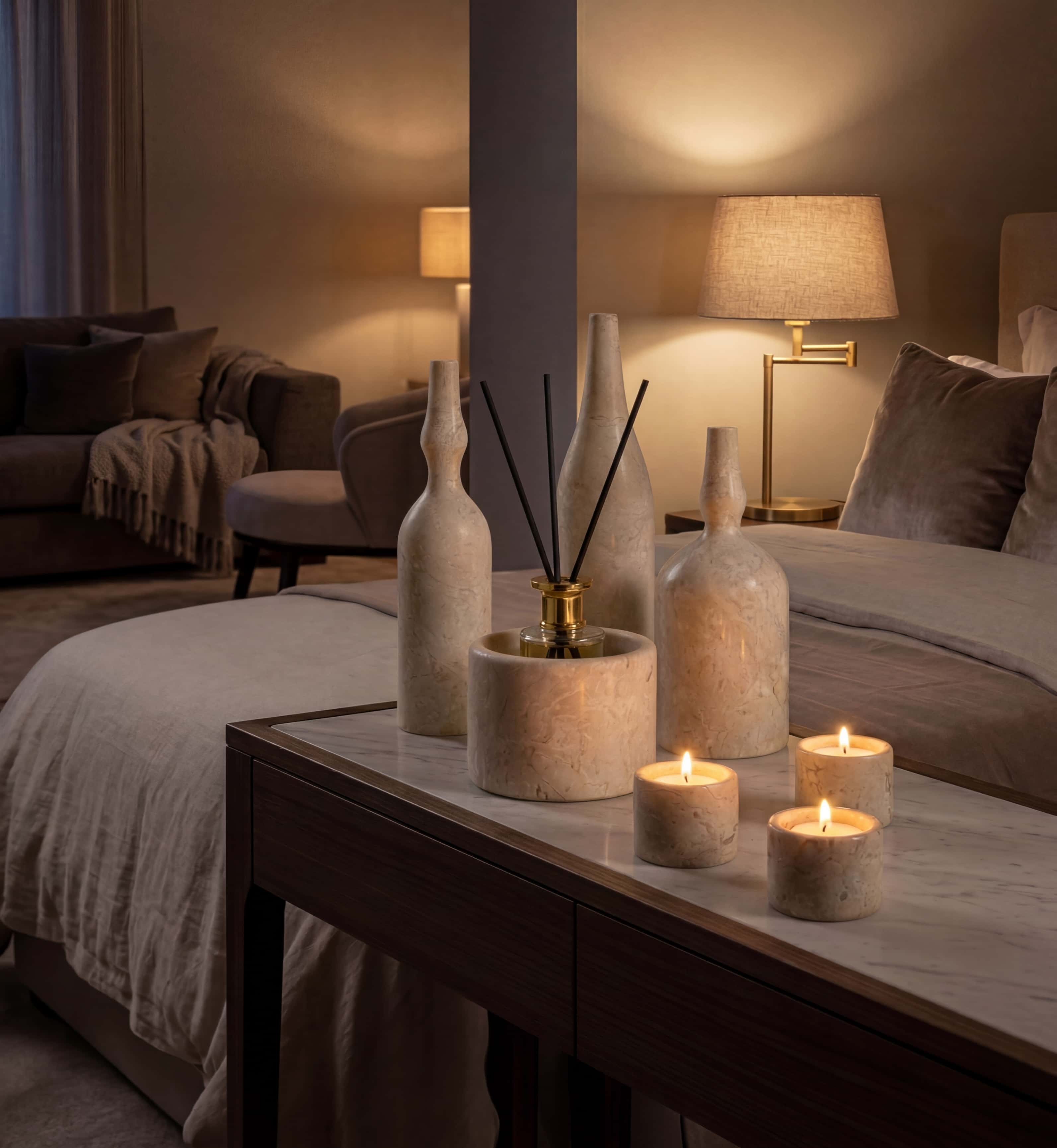 Seven-piece Amber Gold marble accent set arranged on a wooden nightstand with glowing tealights in an ambient bedroom.