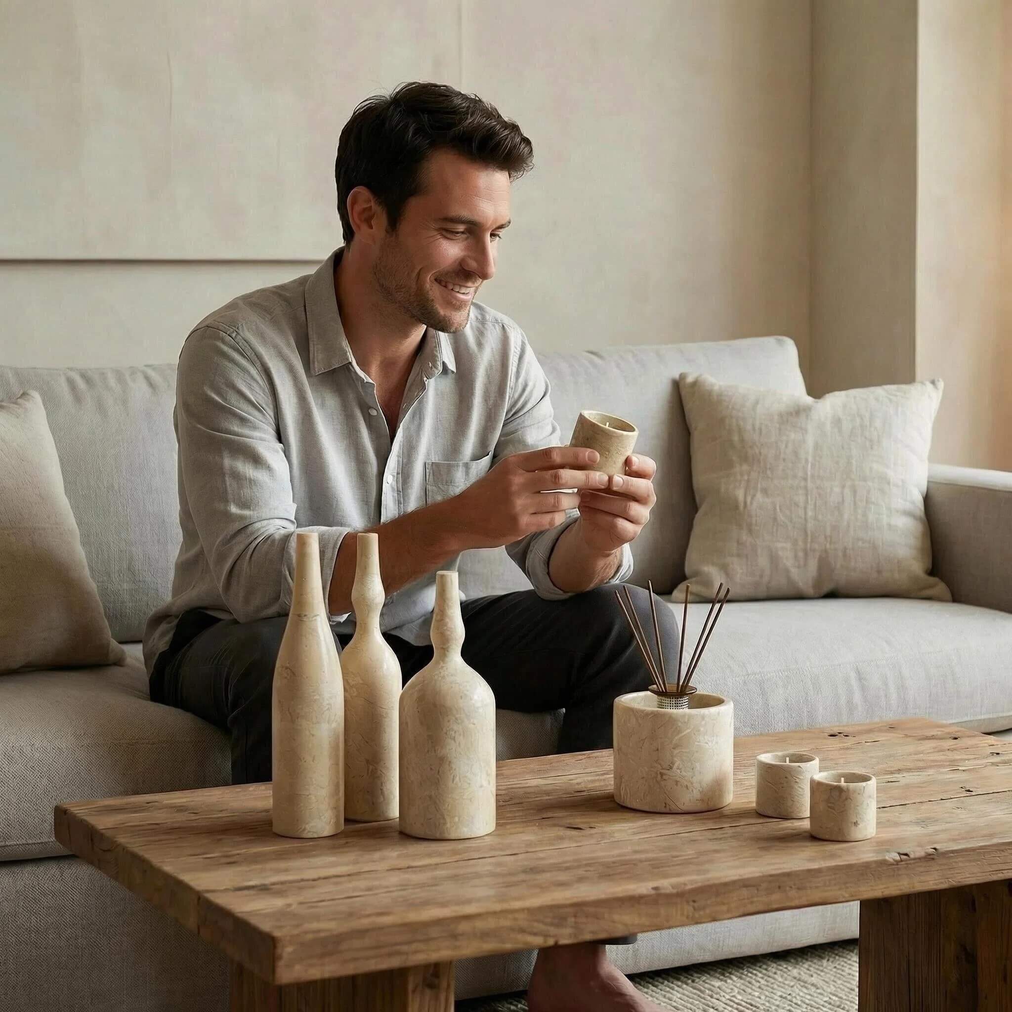Man admiring an Amber Gold natural marble candle holder with full seven-piece decor set on a rustic wooden coffee table.