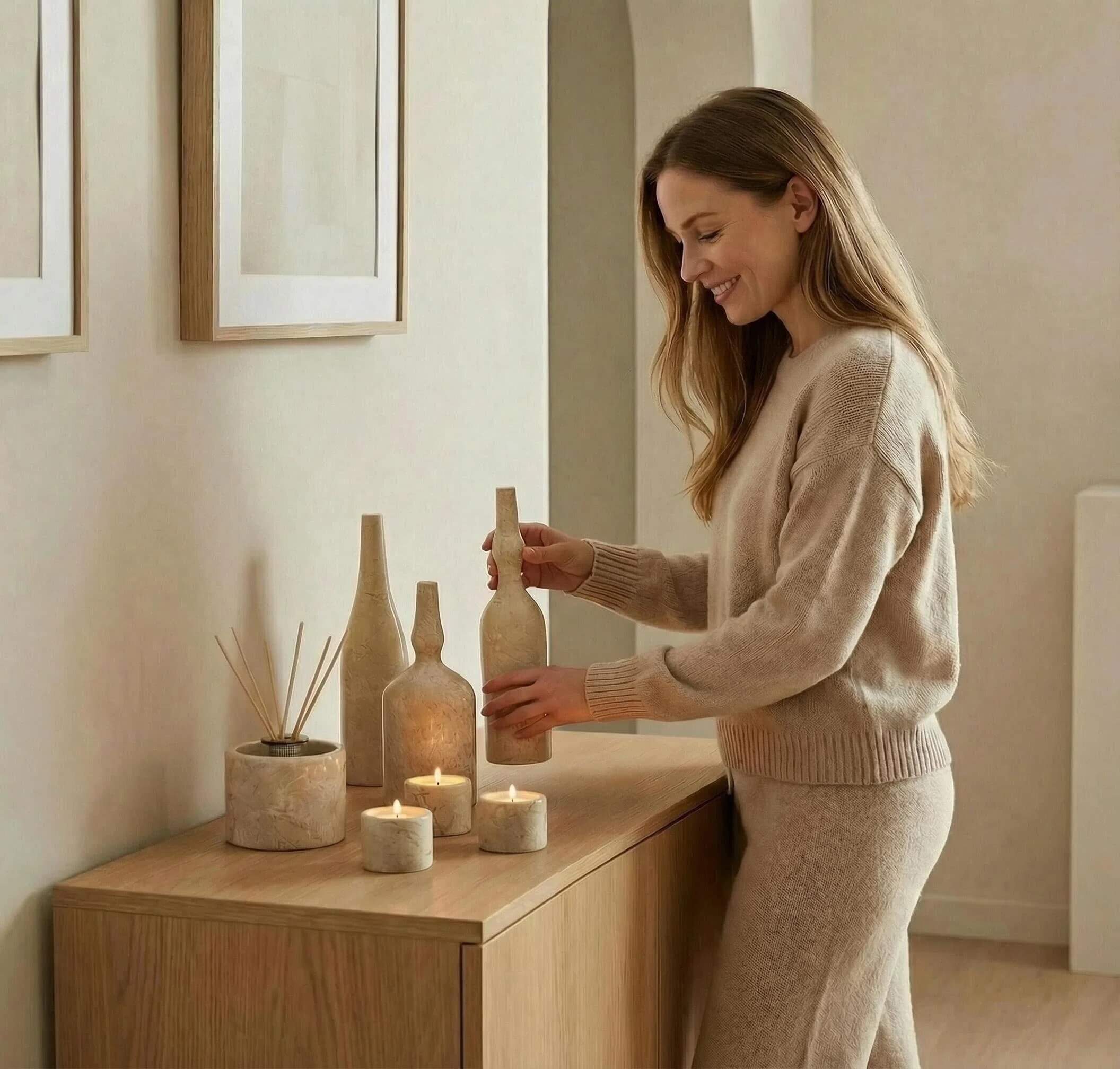 Woman styling a tall Amber Gold natural marble vase on a wooden console table alongside matching candles and diffuser.