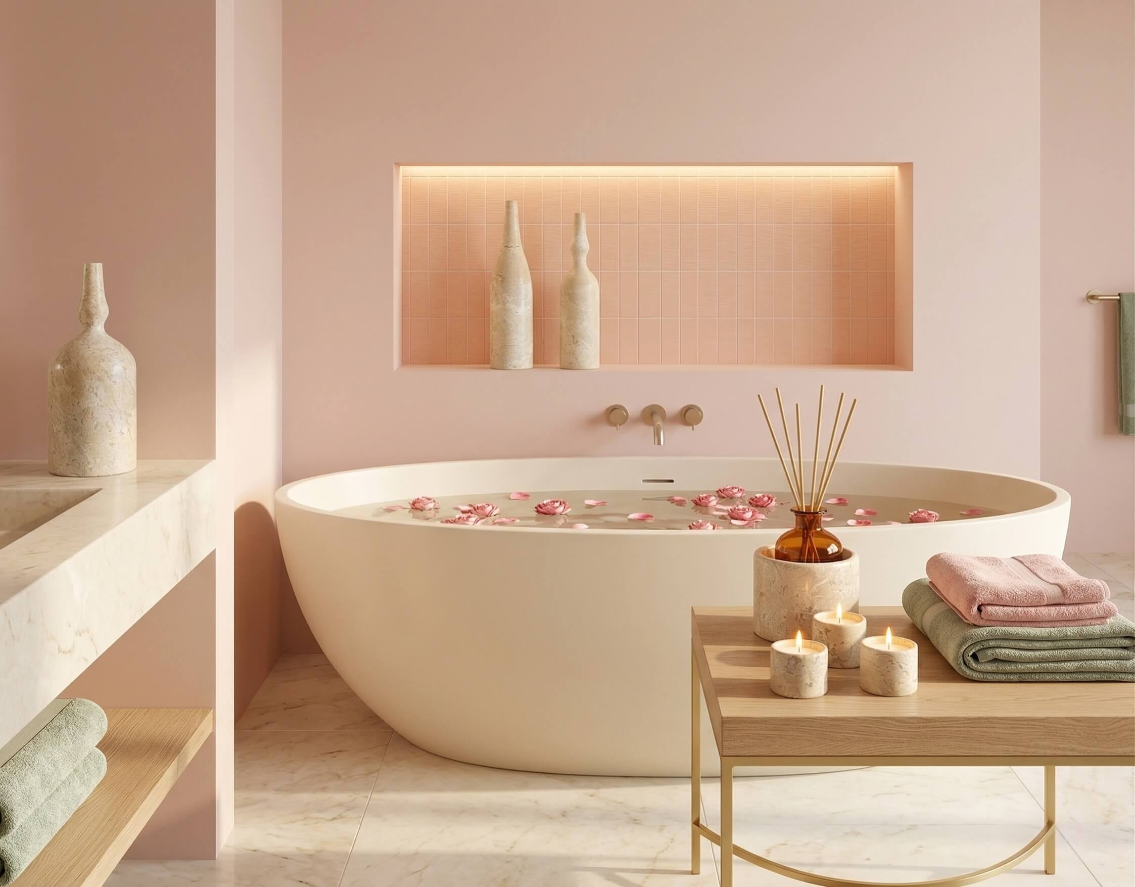 Amber Gold marble vases displayed in a recessed bath niche with matching candles and diffuser set beside a freestanding tub.