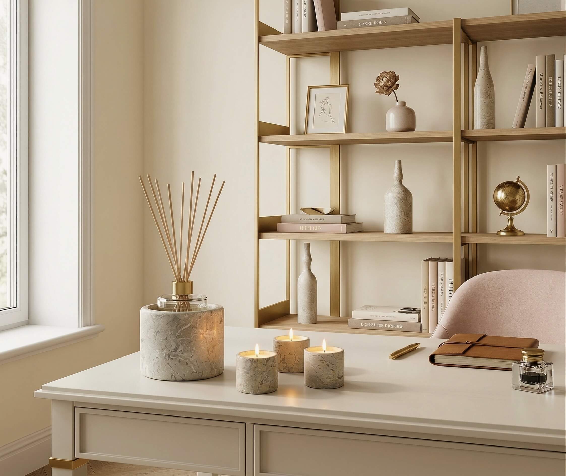 Amber Gold marble diffuser base and tealight holders set on a beige desk with matching marble vases on a brass shelf.