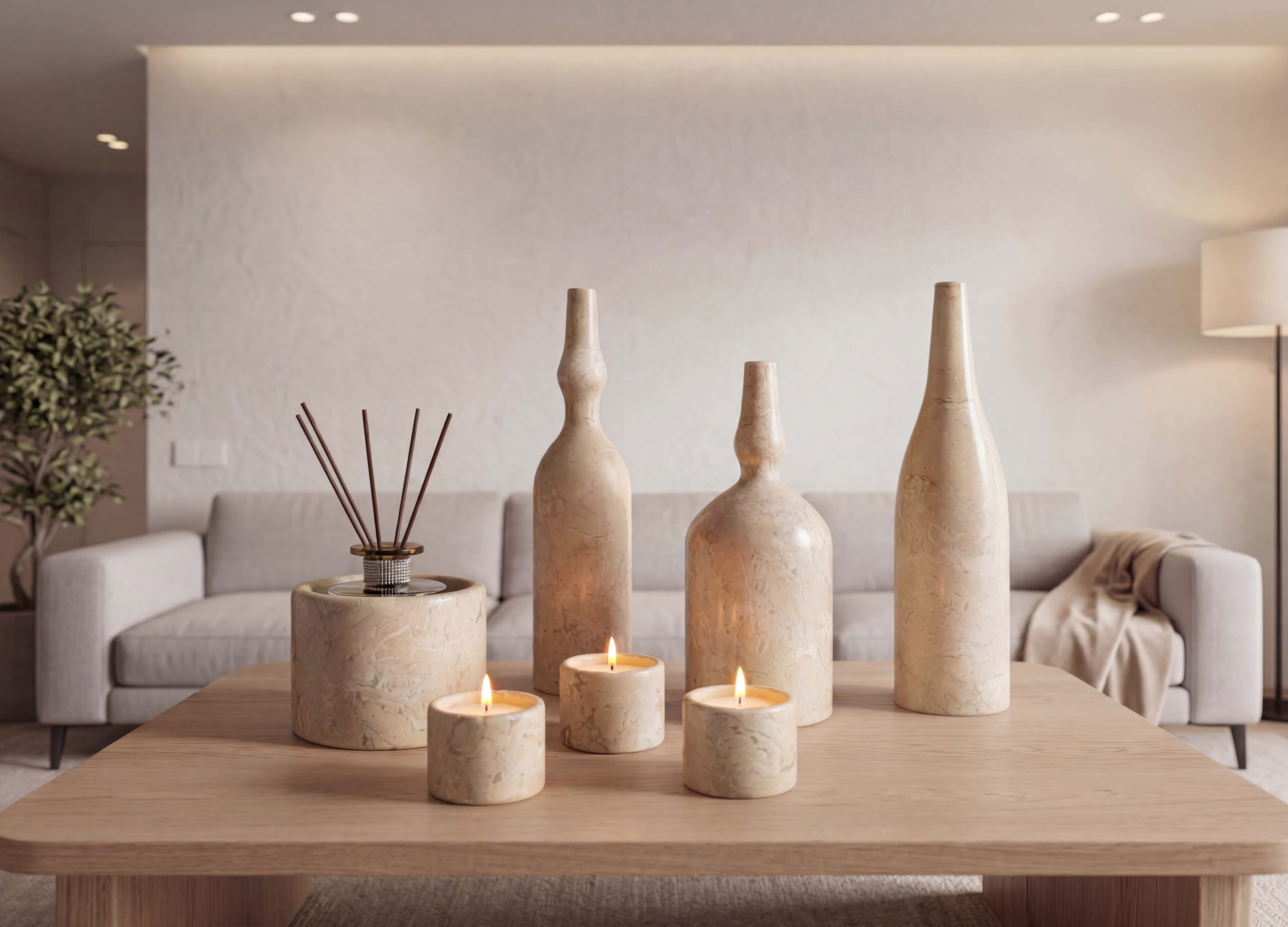 Seven-piece Amber Gold marble home decor set displayed on a light wood coffee table in a modern organic living room.