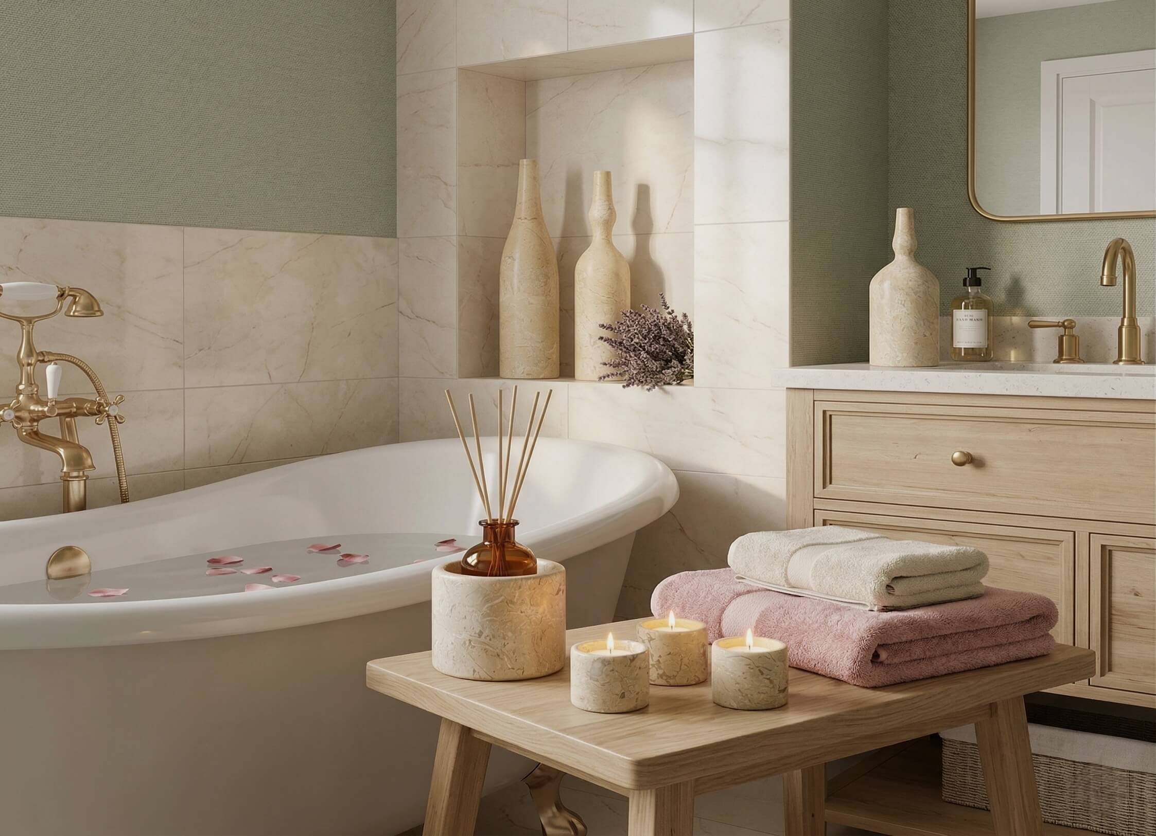 Amber Gold natural marble decor set arranged near a luxury soaking tub and recessed niche in a rustic bathroom.