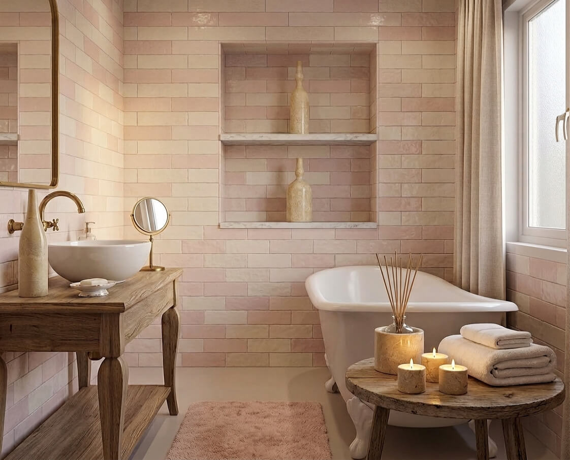 Amber Gold natural marble vases styled in a tiled wall niche with candles and diffuser set near a clawfoot bathtub.