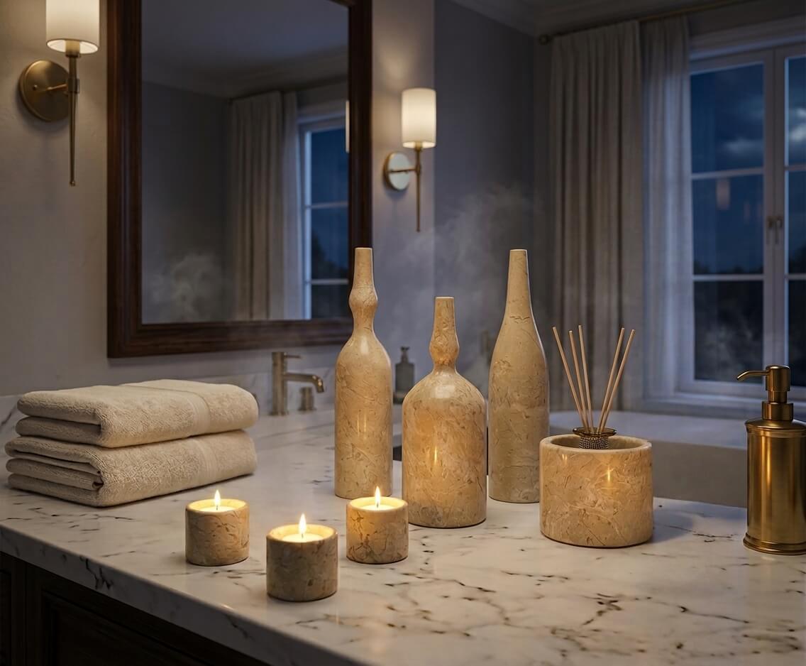 Amber Gold natural marble home decor set arranged on a white vanity countertop in a relaxing spa-inspired bathroom.
