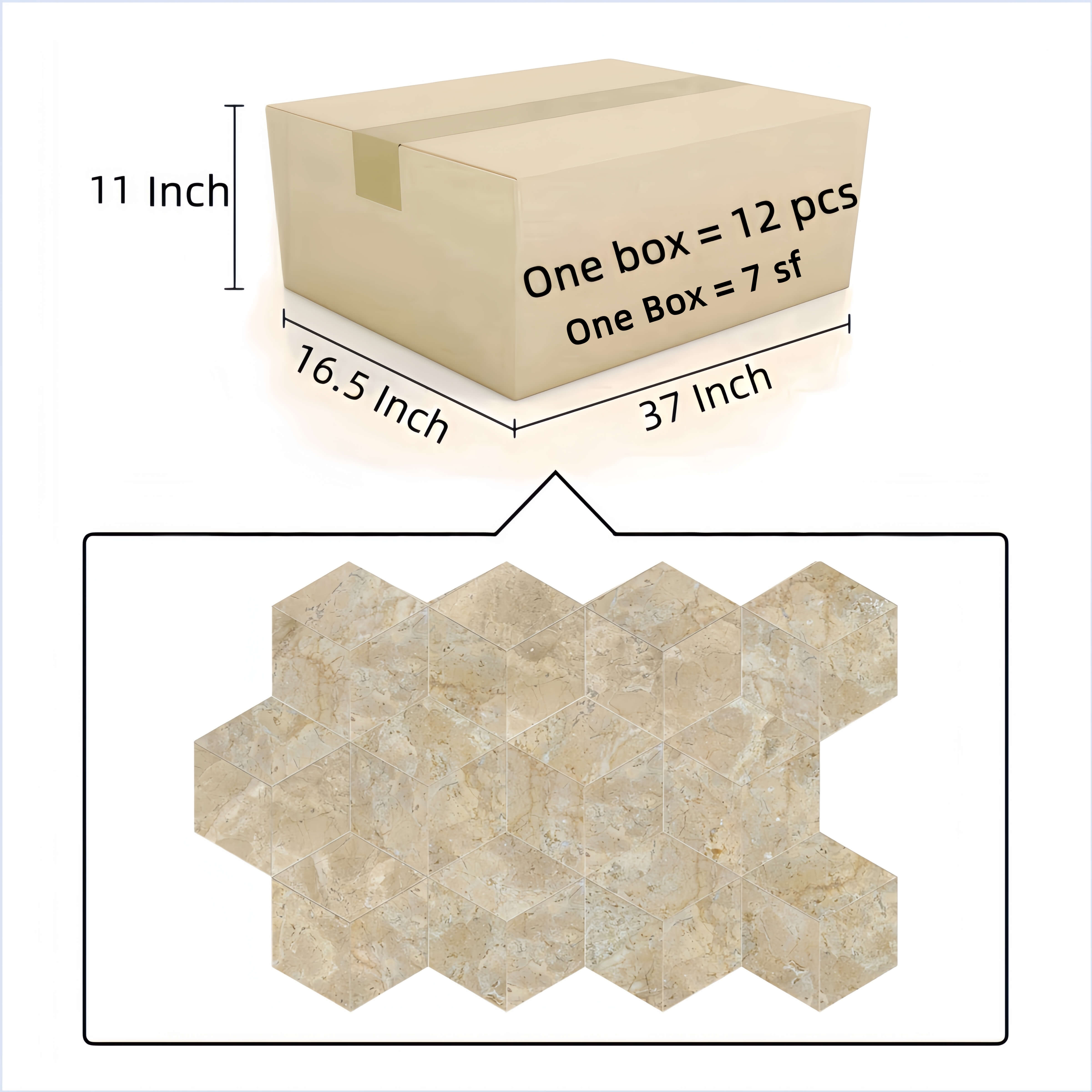 Protective shipping box specs for Amber Gold marble hexagon tiles showing 12 pcs and 7 sf coverage per box.