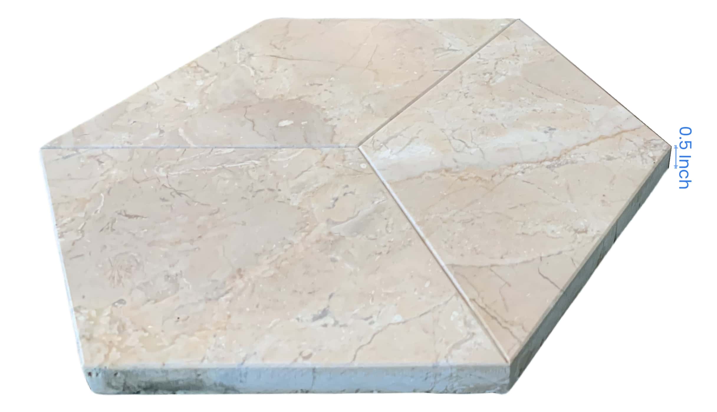 Side view highlighting the 0.5-inch thickness of Honed Amber Gold natural marble geometric hexagon tile.