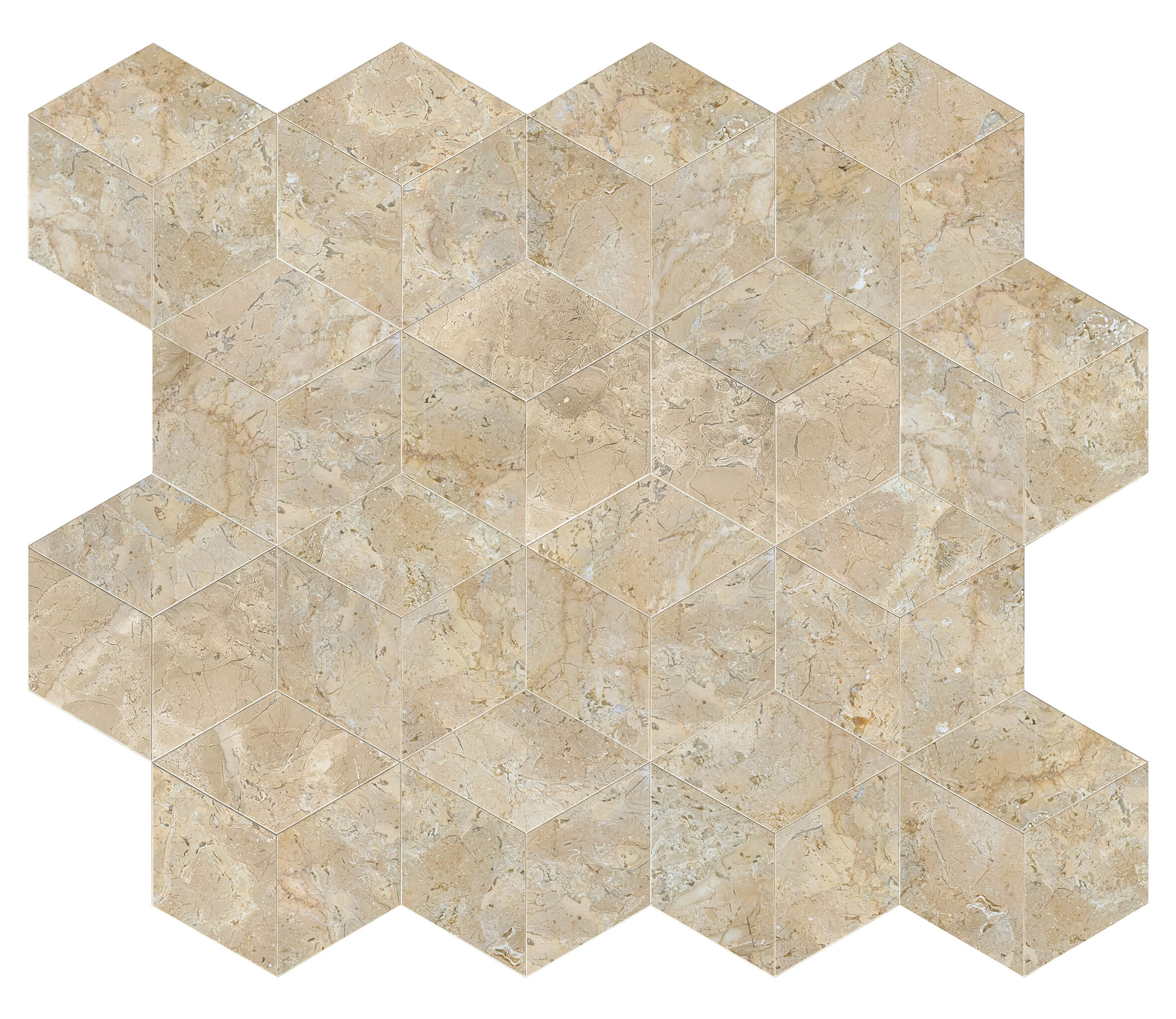 Interlocking floor layout of Honed Amber Gold natural marble hexagon tiles forming a 3D geometric cube effect.