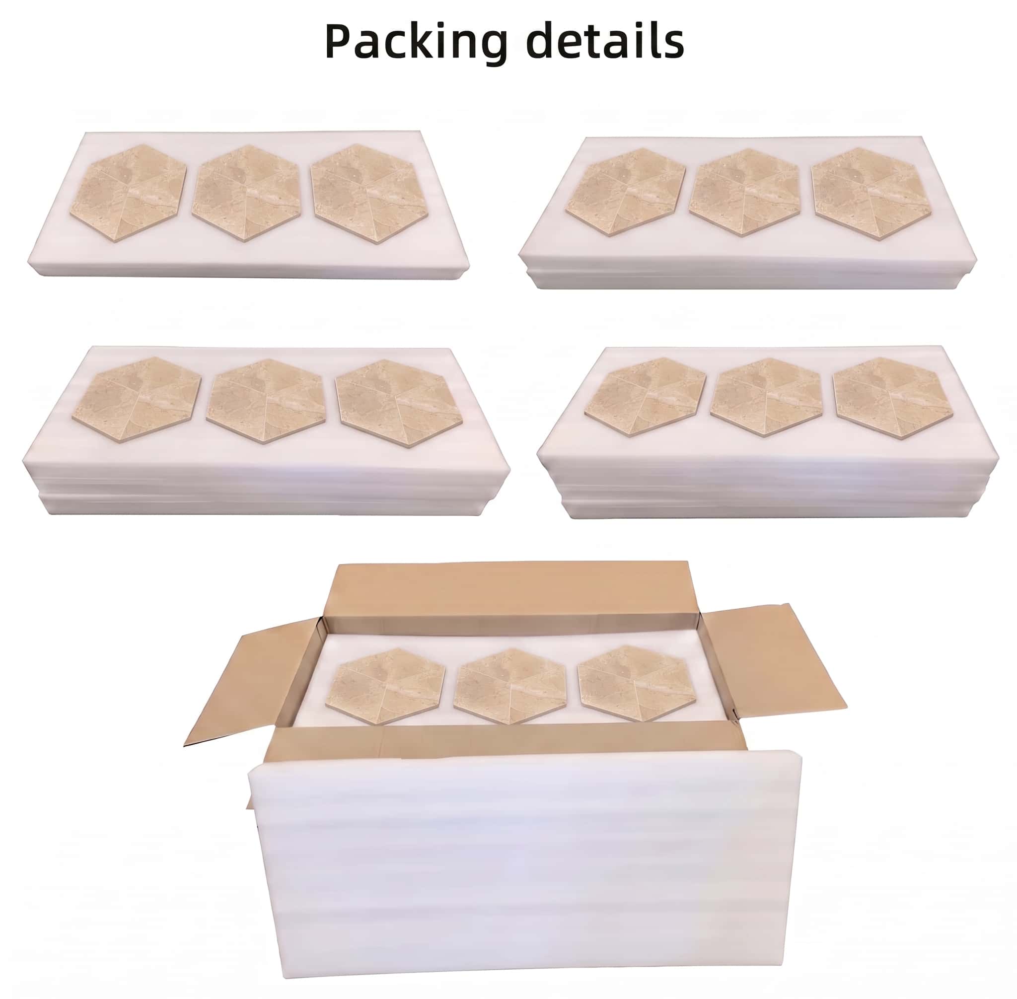 Interior safe foam layer packaging details for Amber Gold natural marble hexagon tiles before shipment.