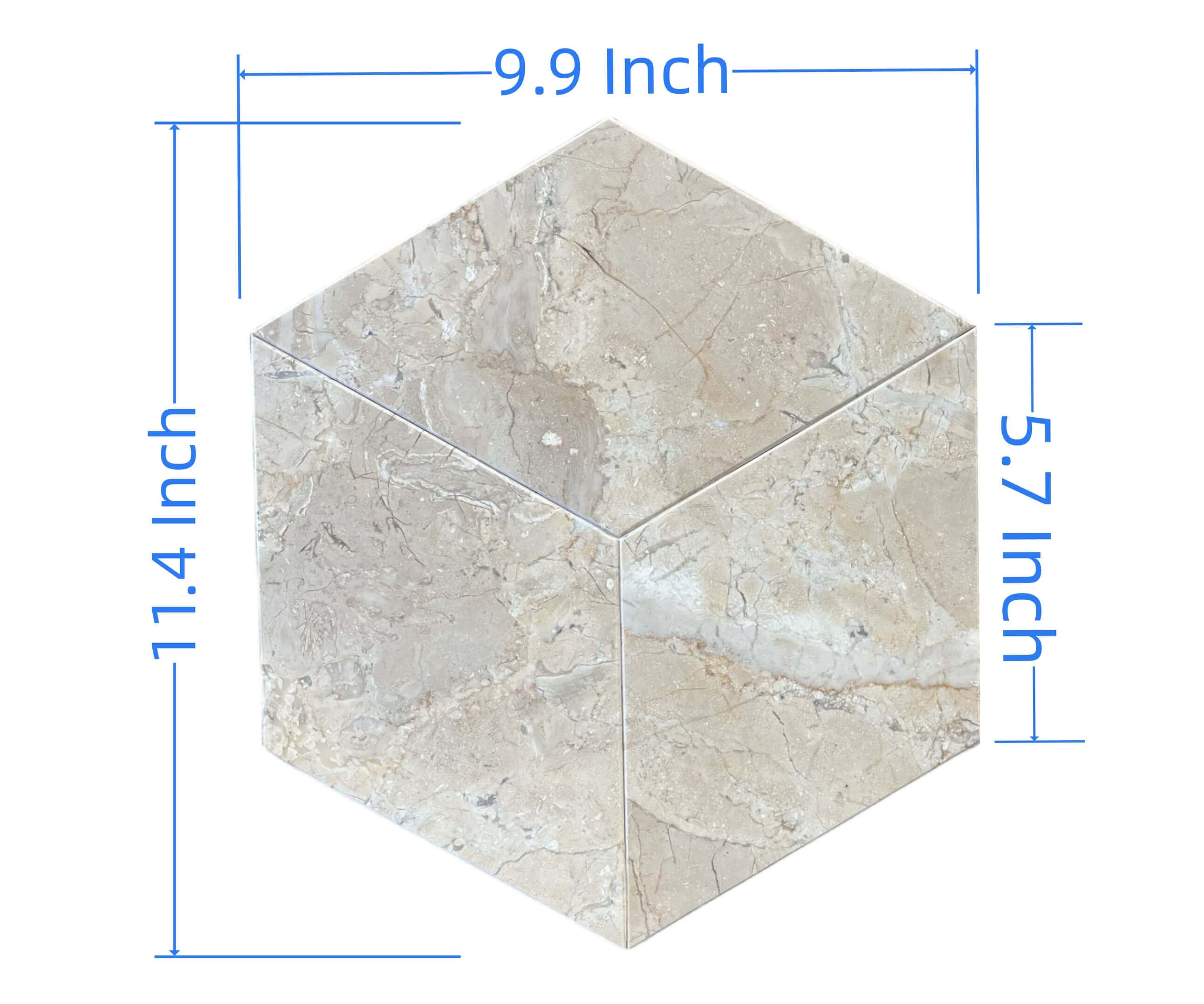 Dimension specs for Honed Amber Gold marble hexagon tile with 11.4-inch height, 9.9-inch width, and 5.7-inch side.
