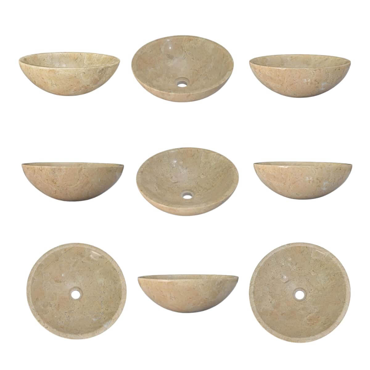 Nine Amber Gold marble vessel sinks displayed in grid showing natural veining variations &mdash; each piece is uniquely patterned.