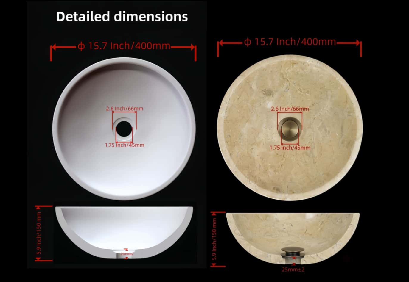 Dimension diagram of Amber Gold marble vessel sink: &Oslash;400mm diameter, 150mm height, 66mm drain opening, 45mm outlet.