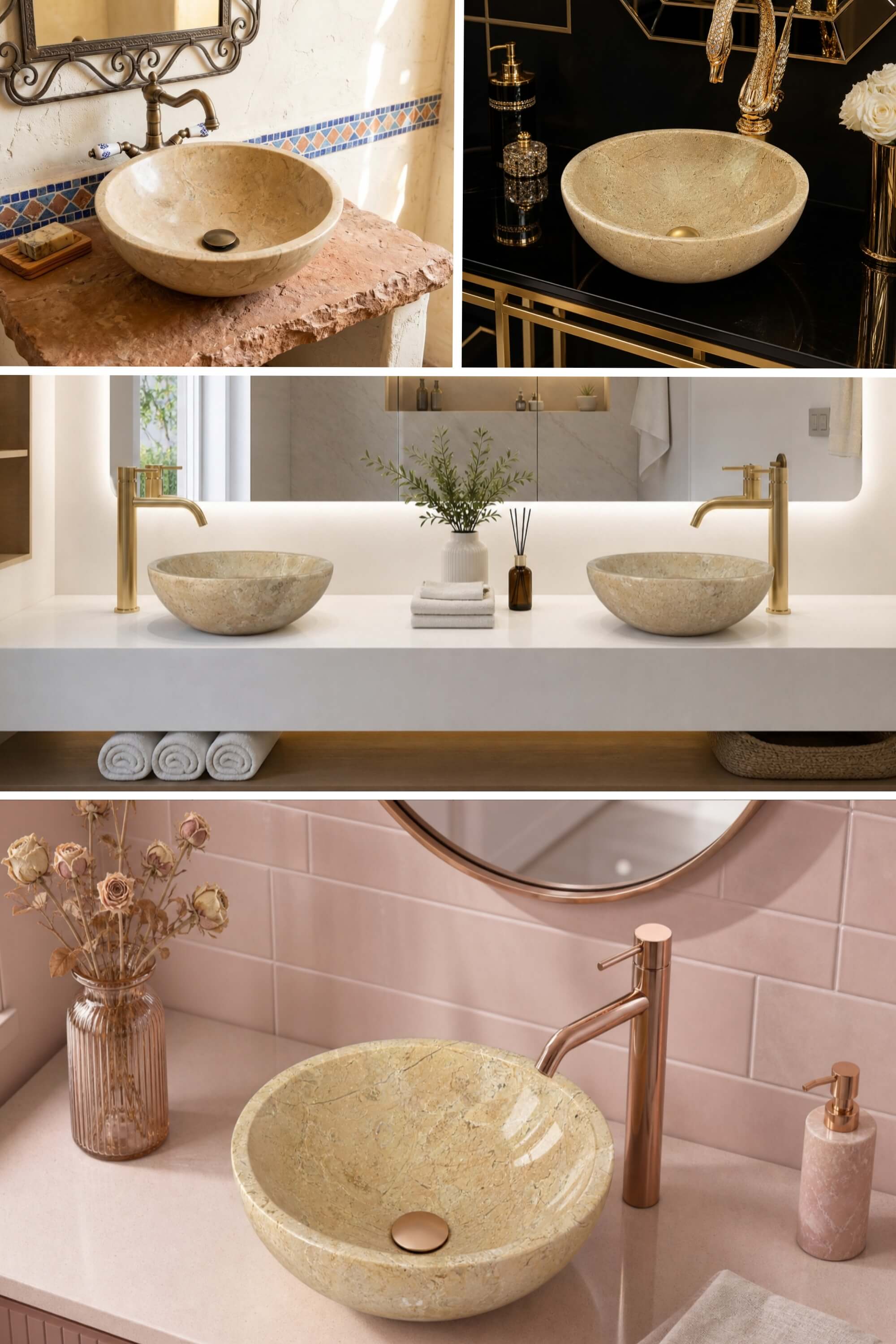 Amber Gold marble vessel sink shown in 4 bathroom styles: Mediterranean, Art Deco, modern minimalist, and rose romantic vintage.