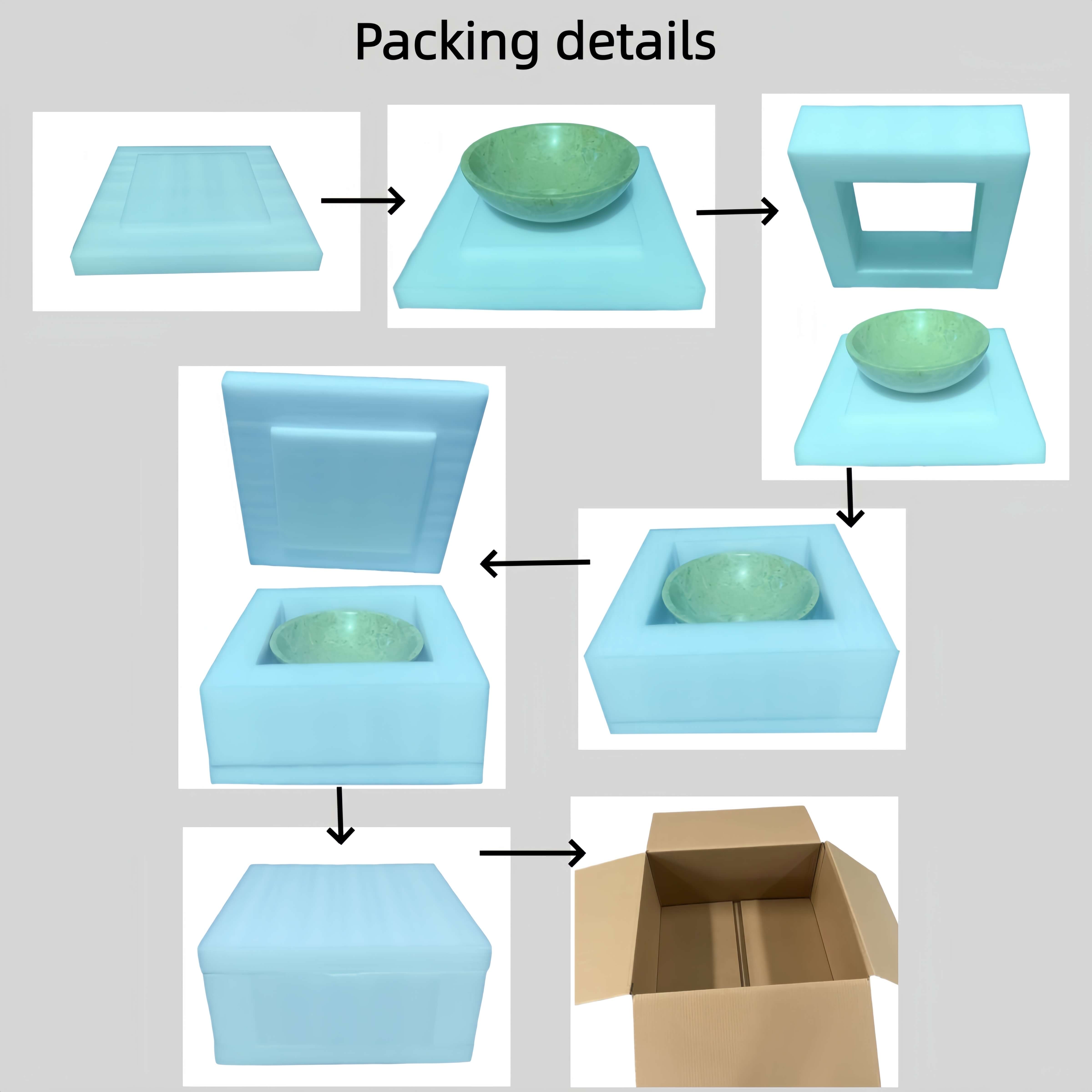 Seven-step protective packaging process for natural marble vessel sink showing foam-padded base, top cap, and reinforced carton.