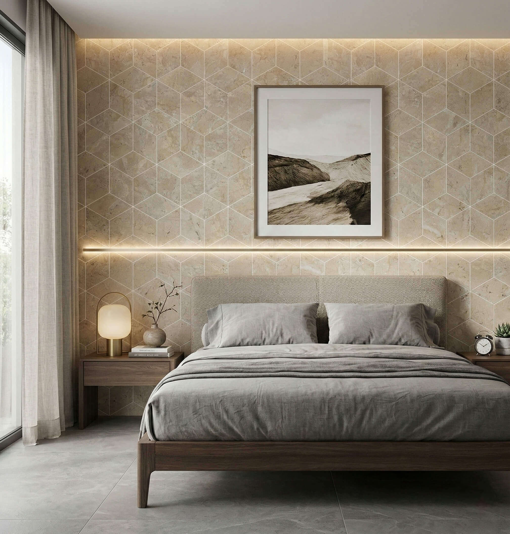Modern bedroom feature wall accented with Honed Amber Gold marble 3D cube pattern hexagon tiles and strip lights.