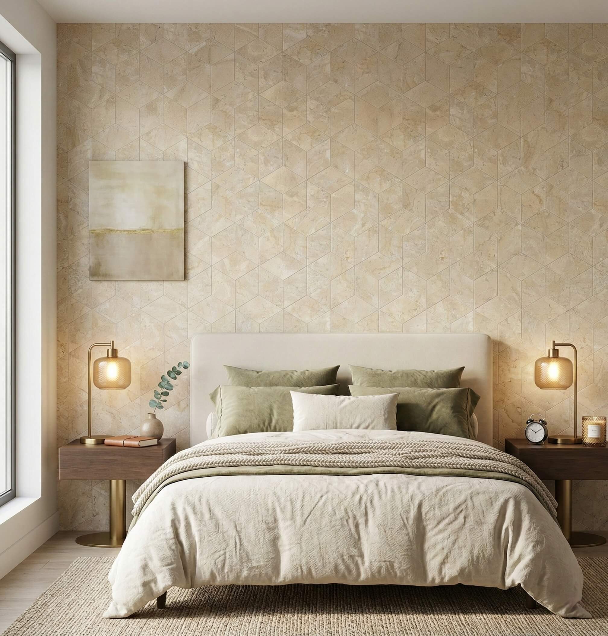 Honed Amber Gold natural marble geometric 3D cube hexagon tile accent wall in a luxury primary bedroom.