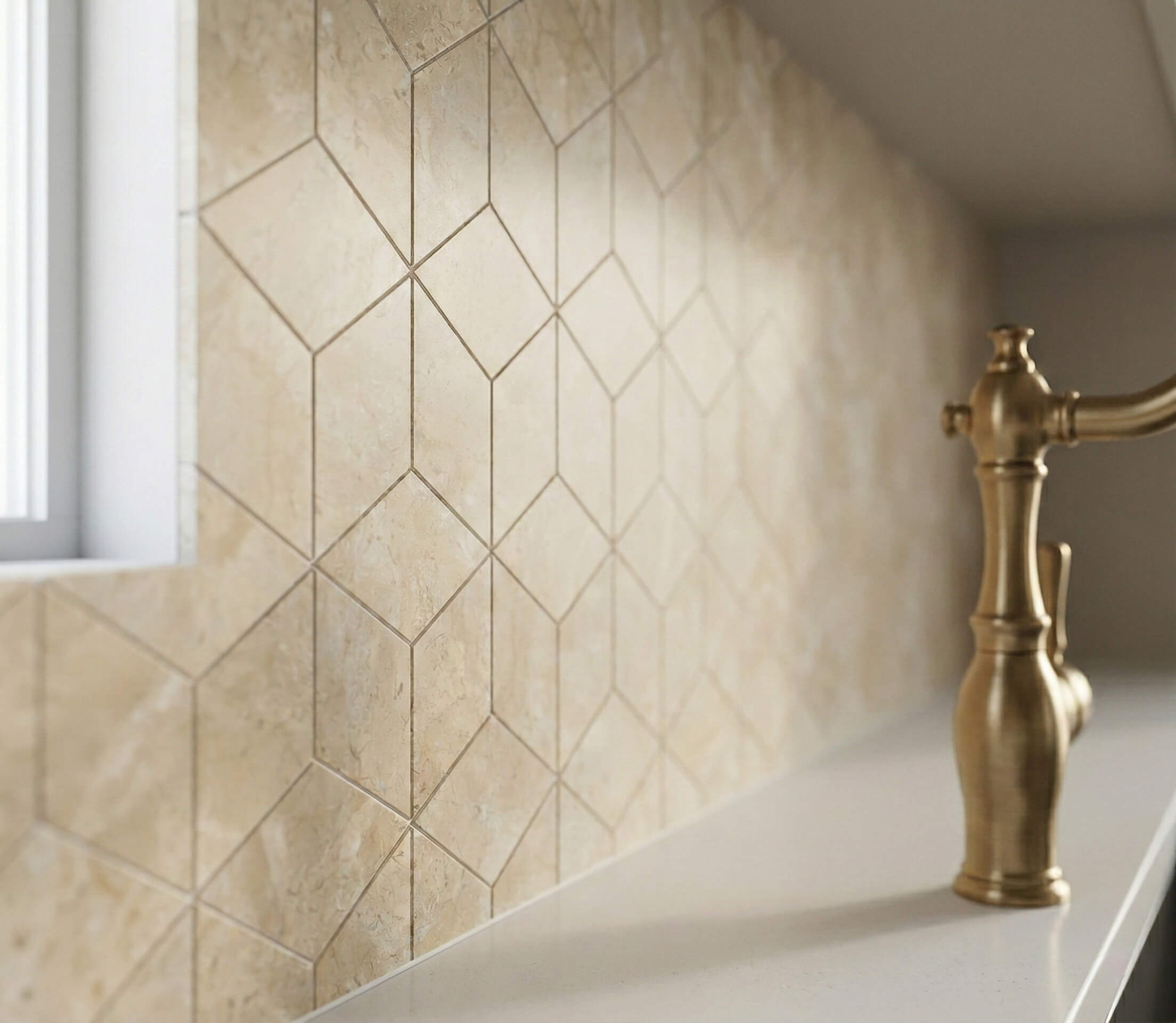 Close-up of brass faucet against a Honed Amber Gold natural marble 3D cube hexagon tile wall in natural light.