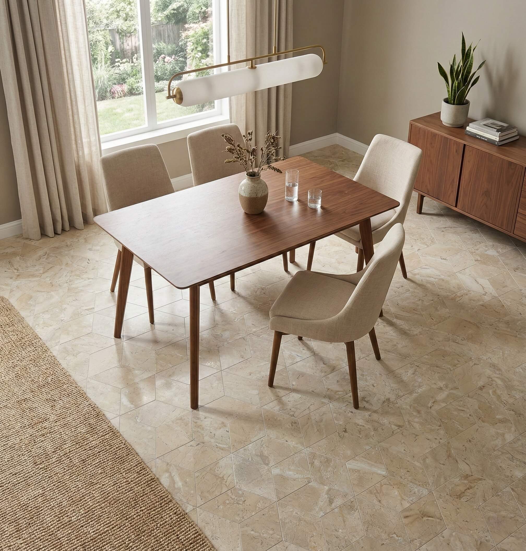 Expansive dining room floor finished in Honed Amber Gold natural marble 11.4-inch 3D geometric hexagon tiles.