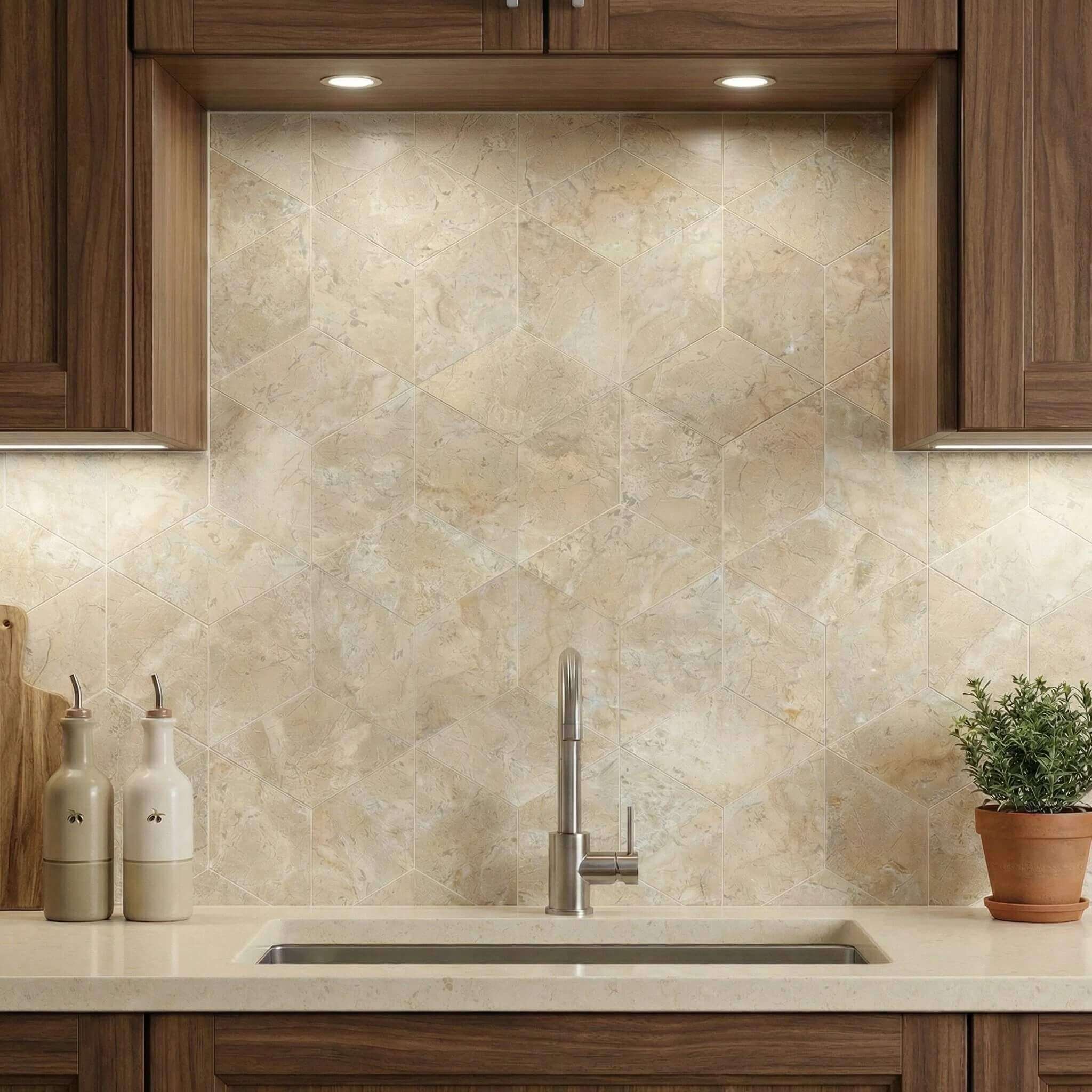 Kitchen backsplash rendered in Honed Amber Gold natural marble geometric 3D cube hexagon tiles with brass faucet.